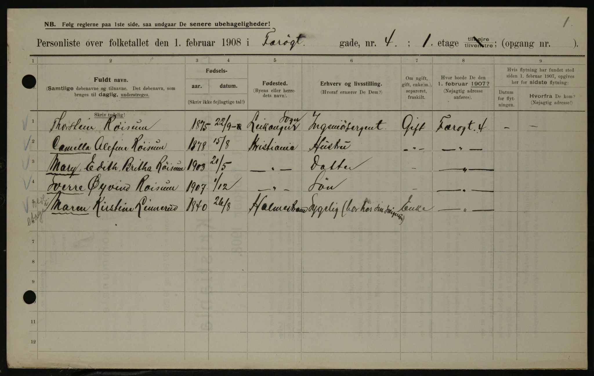 OBA, Municipal Census 1908 for Kristiania, 1908, p. 25708