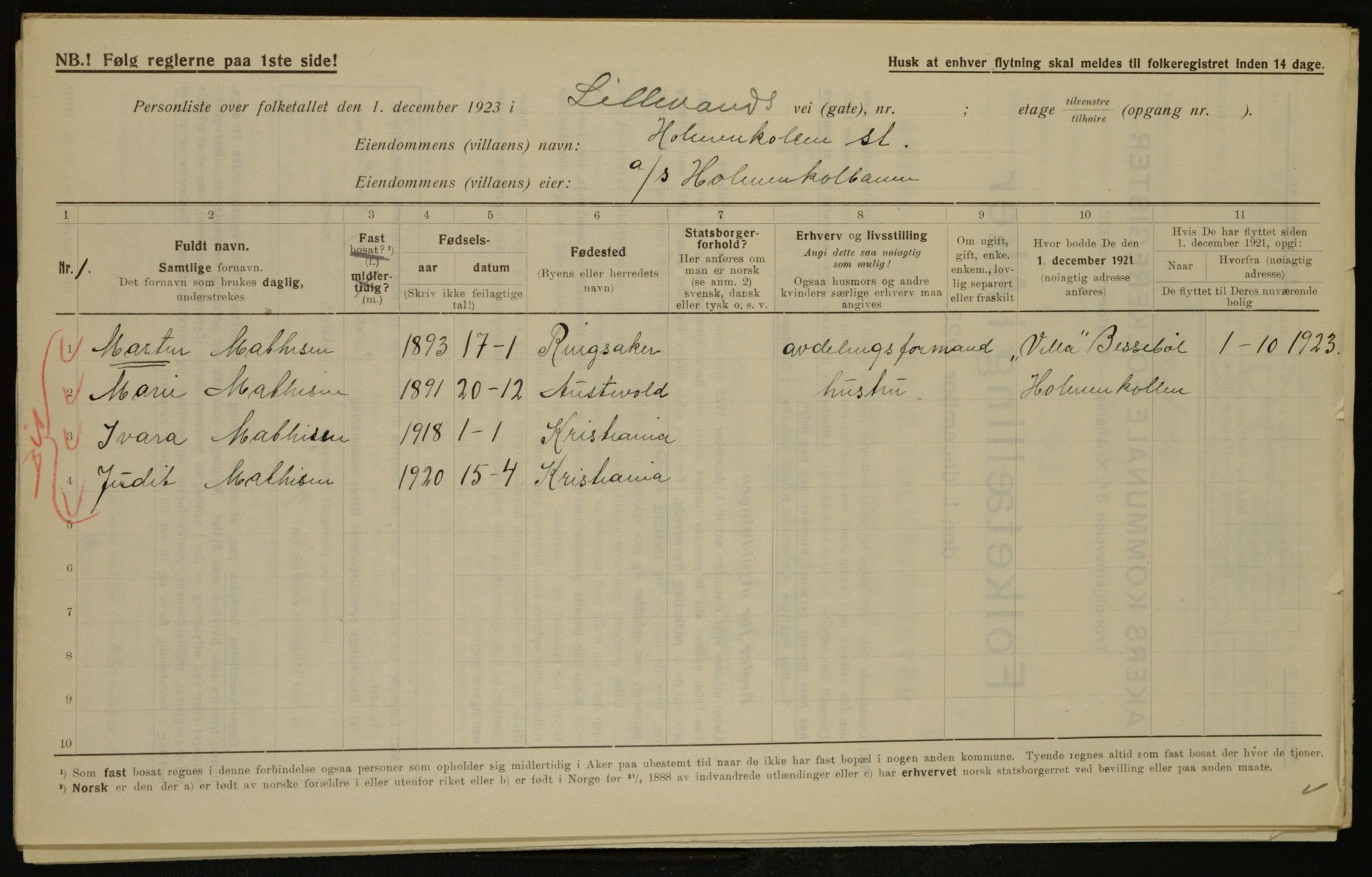 , Municipal Census 1923 for Aker, 1923, p. 14365