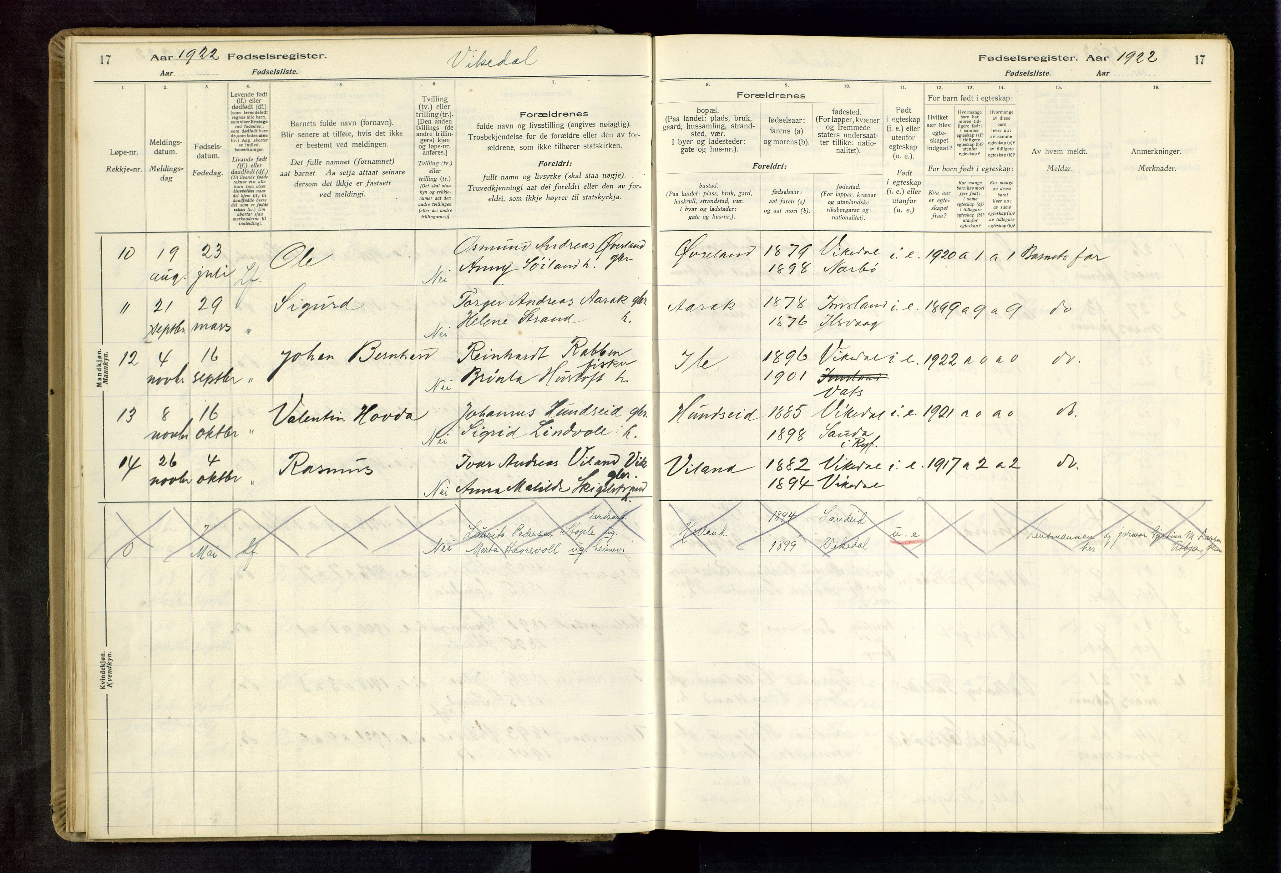 Vikedal sokneprestkontor, AV/SAST-A-101840/01/II: Birth register no. 3, 1916-1982, p. 17