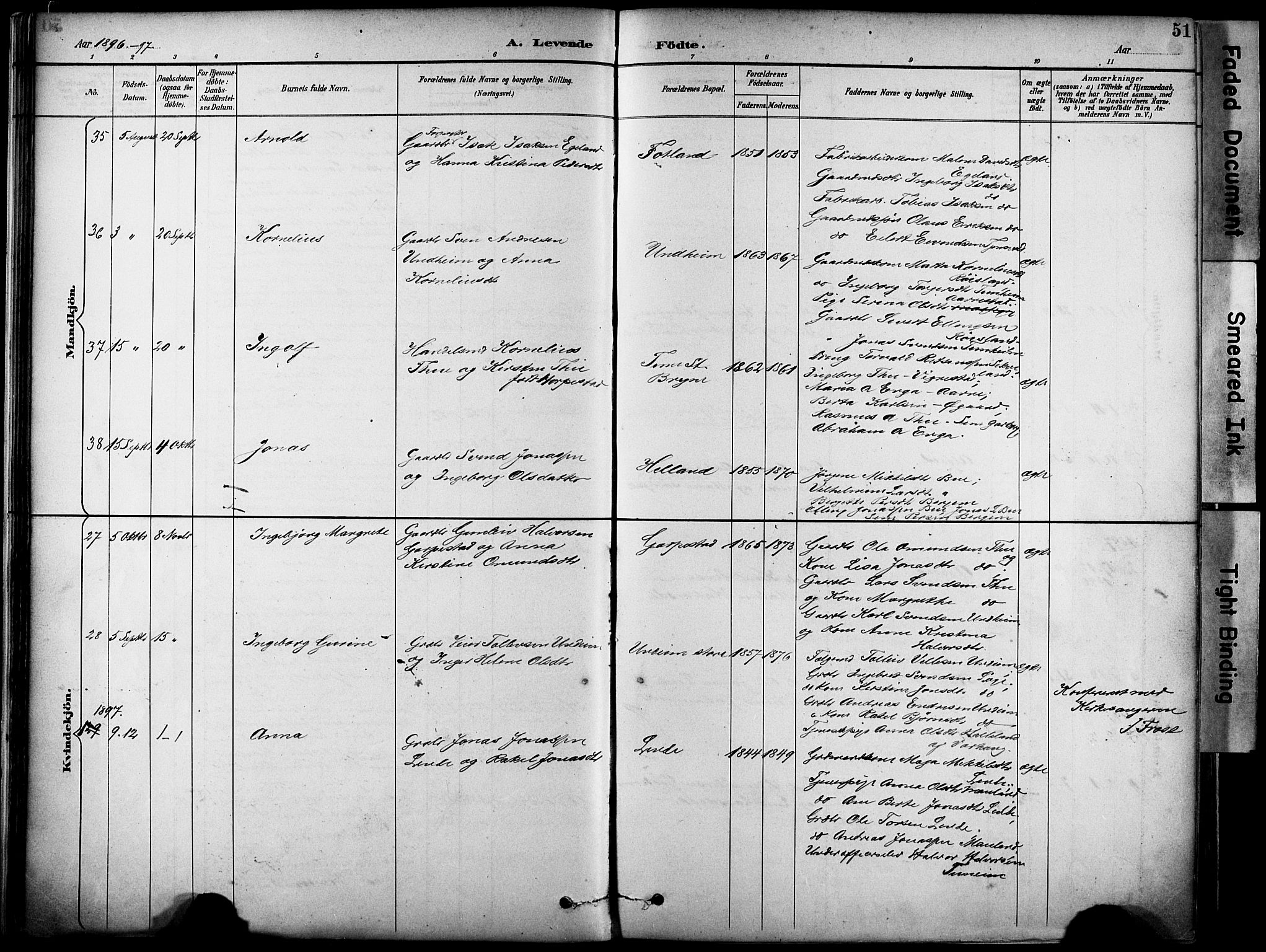 Lye sokneprestkontor, SAST/A-101794/001/30BA/L0011: Parish register (official) no. A 9, 1893-1903, p. 51