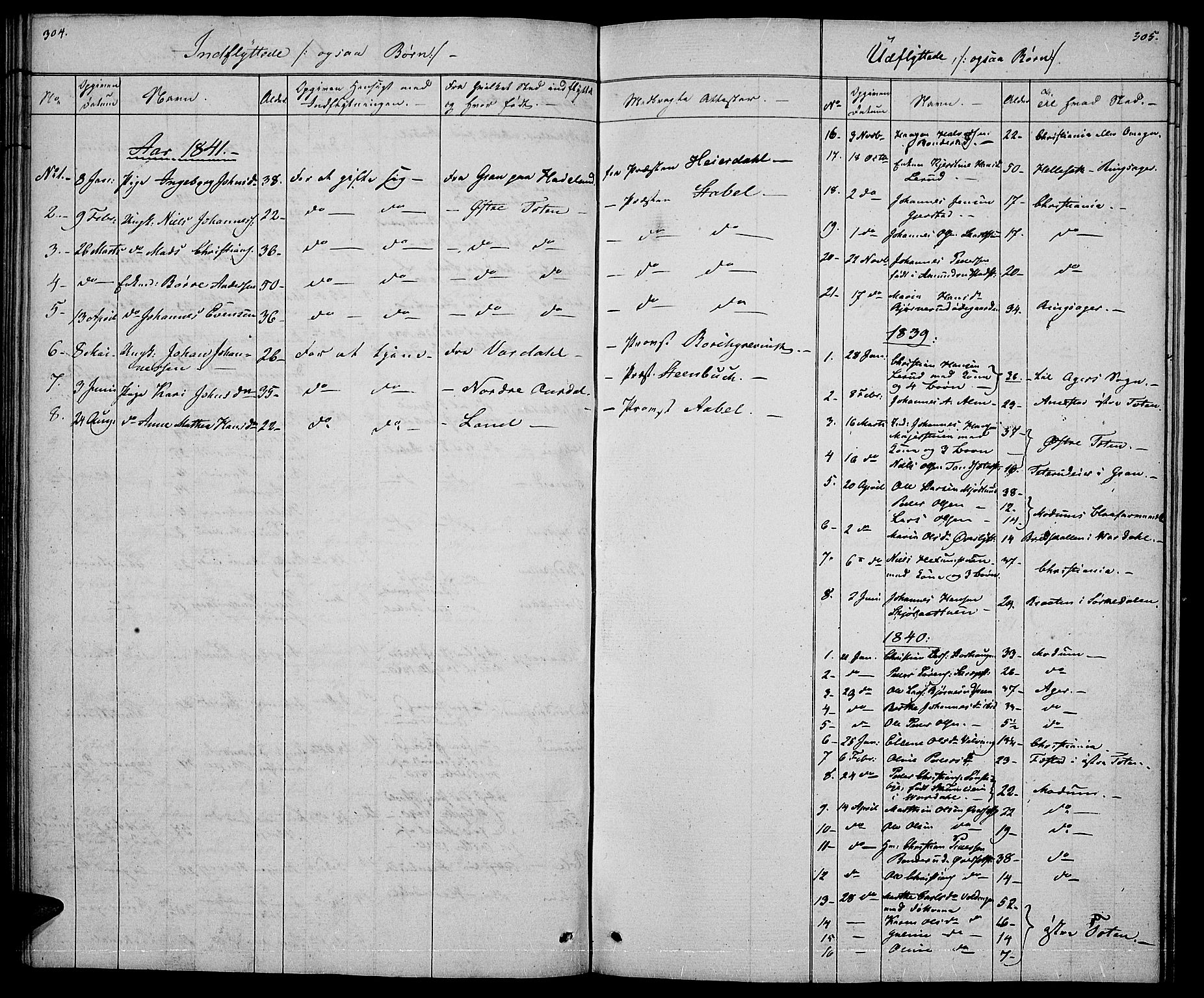Vestre Toten prestekontor, SAH/PREST-108/H/Ha/Hab/L0002: Parish register (copy) no. 2, 1836-1848, p. 304-305