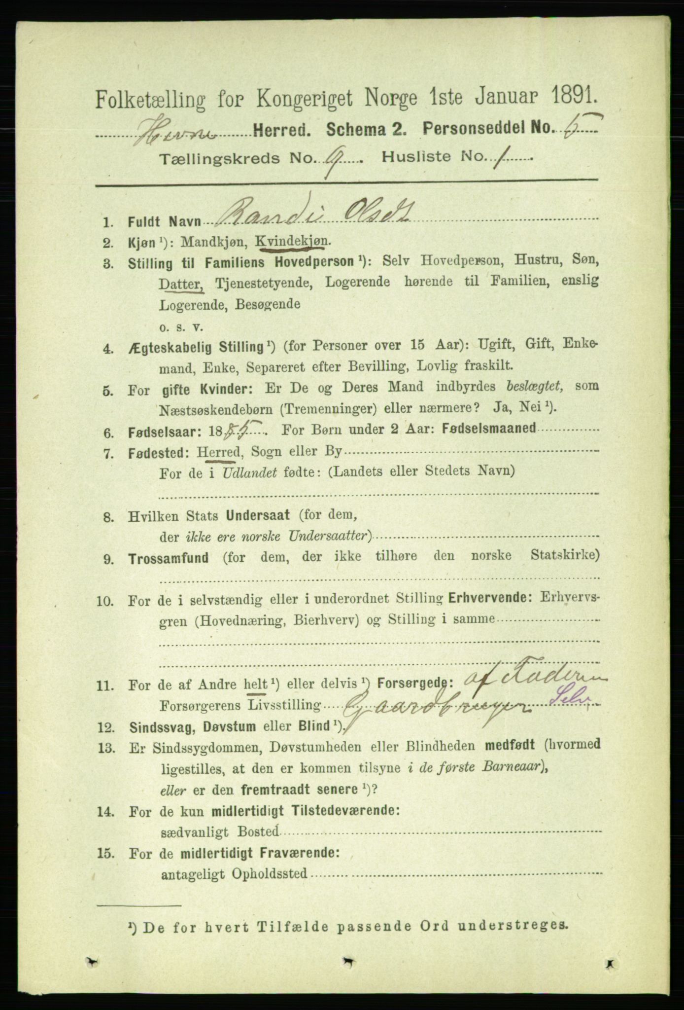 RA, 1891 census for 1612 Hemne, 1891, p. 5745