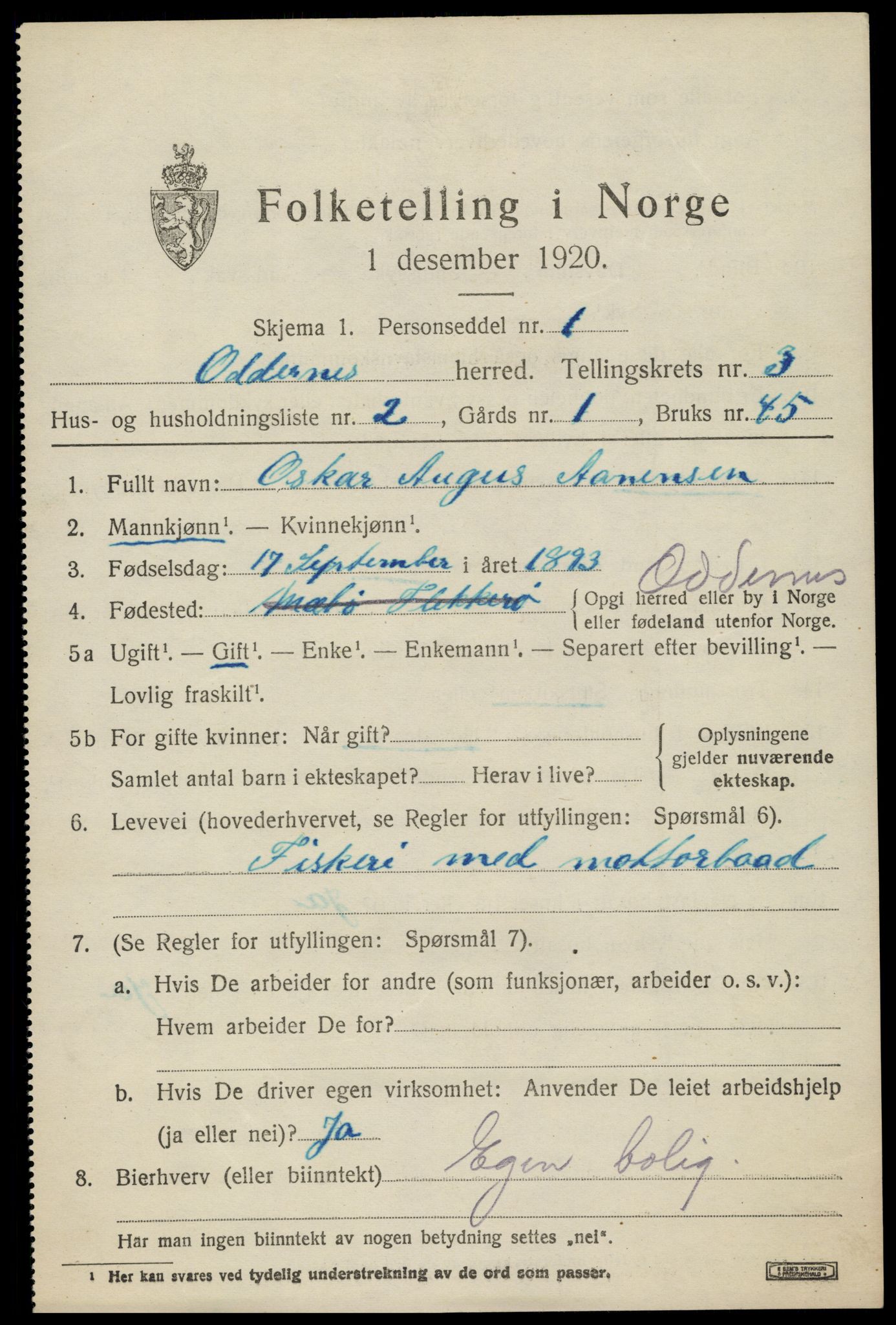 SAK, 1920 census for Oddernes, 1920, p. 3355