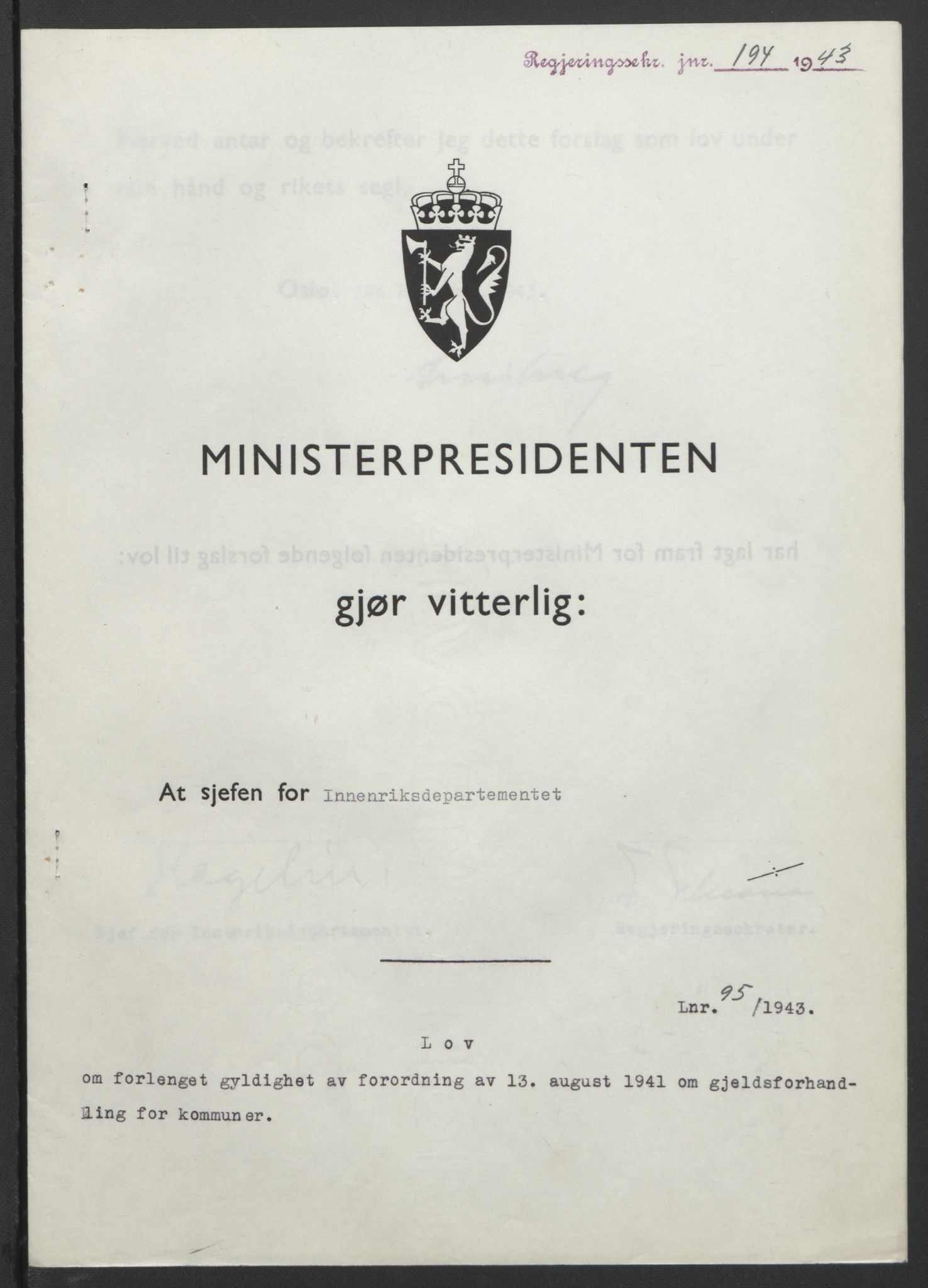 NS-administrasjonen 1940-1945 (Statsrådsekretariatet, de kommisariske statsråder mm), RA/S-4279/D/Db/L0099: Lover, 1943, p. 432