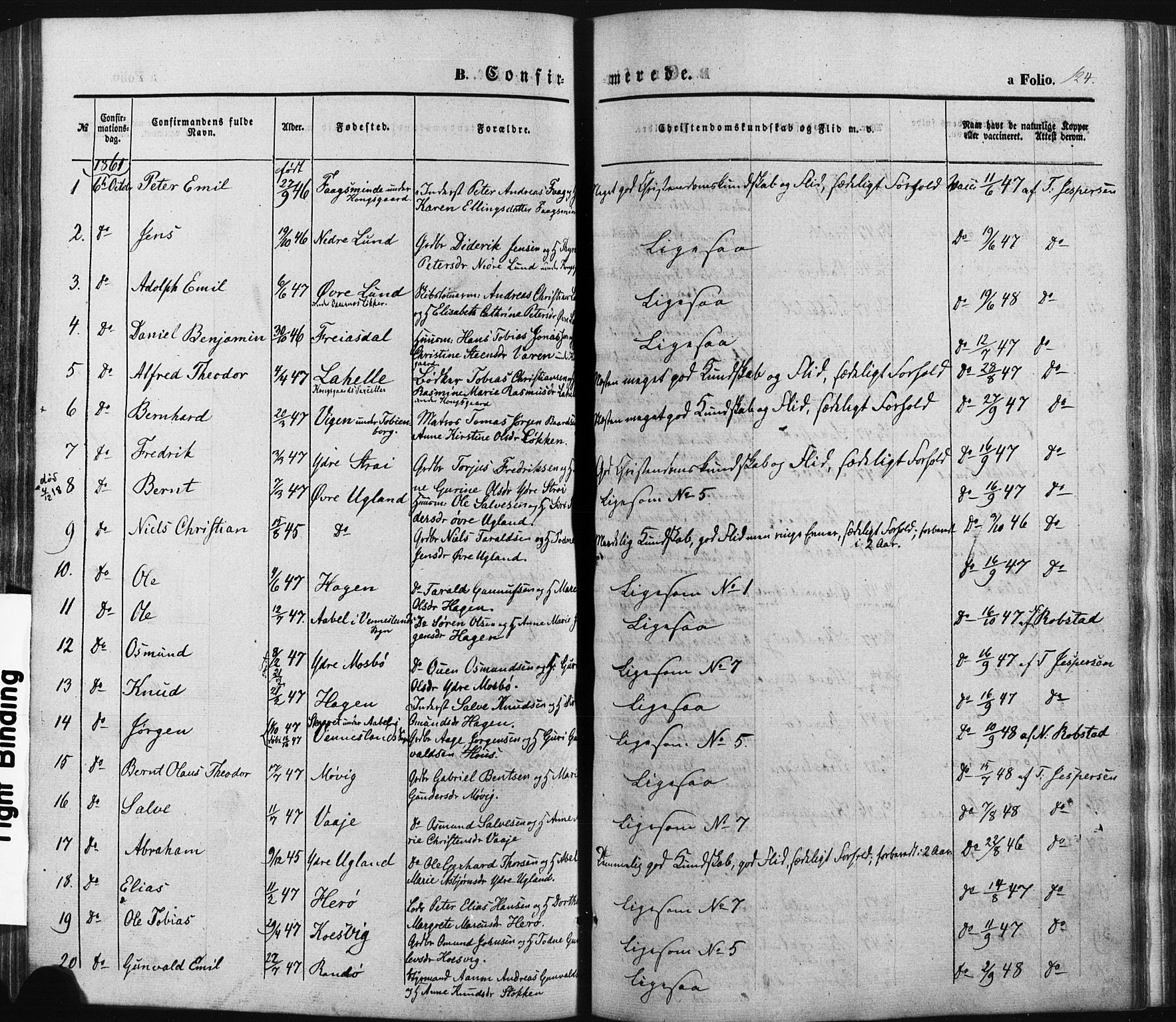 Oddernes sokneprestkontor, SAK/1111-0033/F/Fa/Faa/L0007: Parish register (official) no. A 7, 1851-1863, p. 124