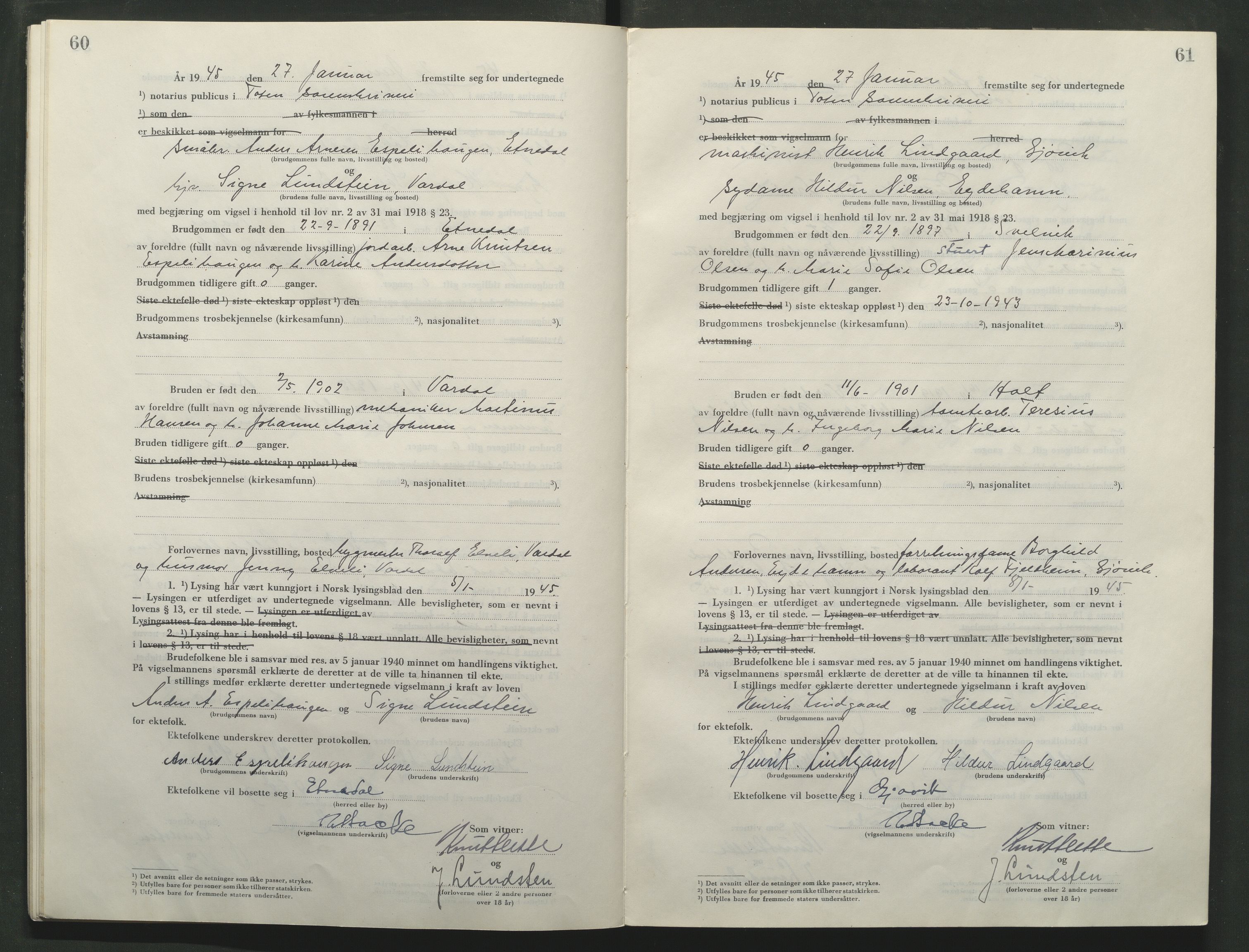 Toten tingrett, AV/SAH-TING-006/L/Lc/L0005: Vigselbok, 1944-1948, p. 60-61