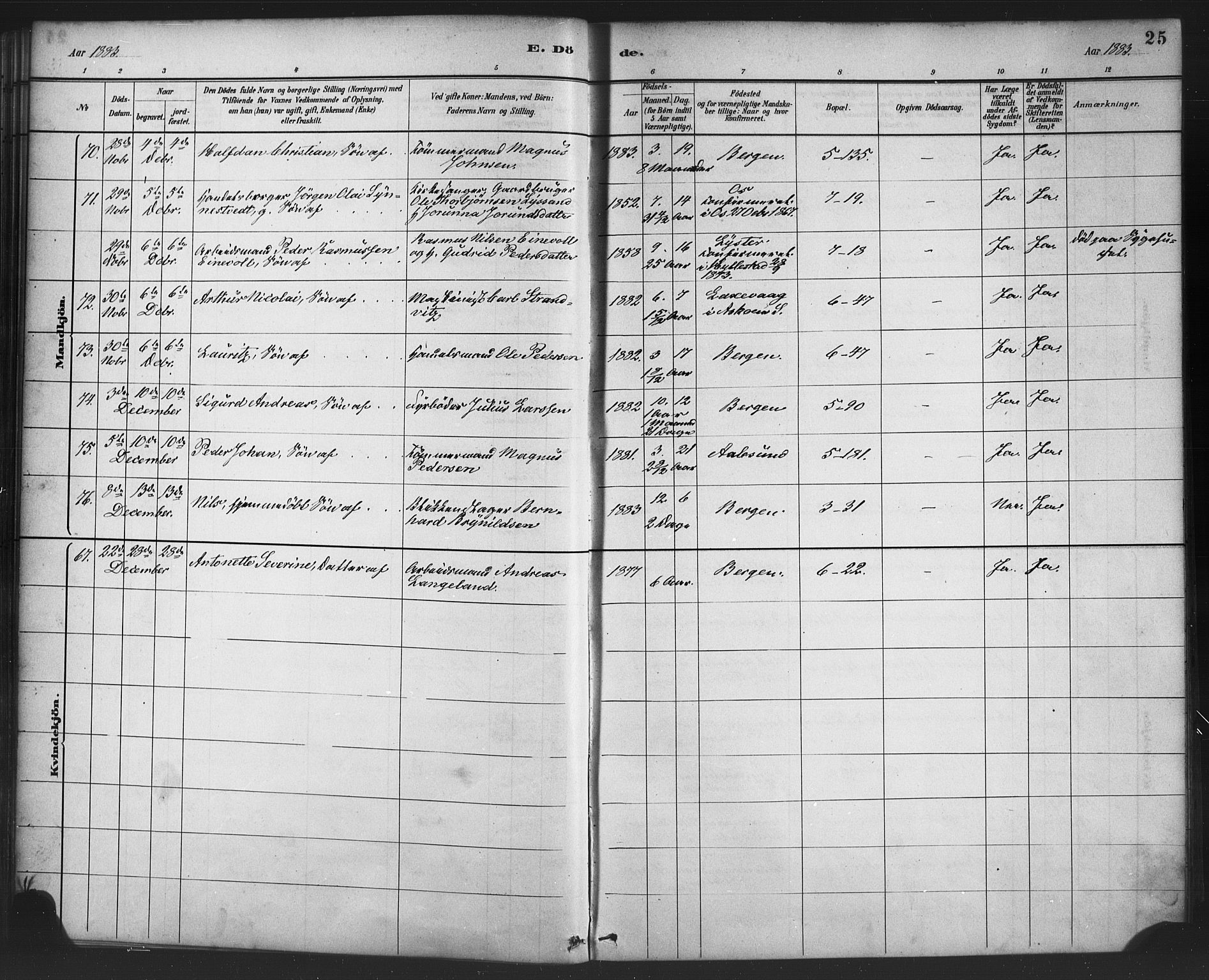 Nykirken Sokneprestembete, SAB/A-77101/H/Haa/L0044: Parish register (official) no. E 4, 1882-1898, p. 25