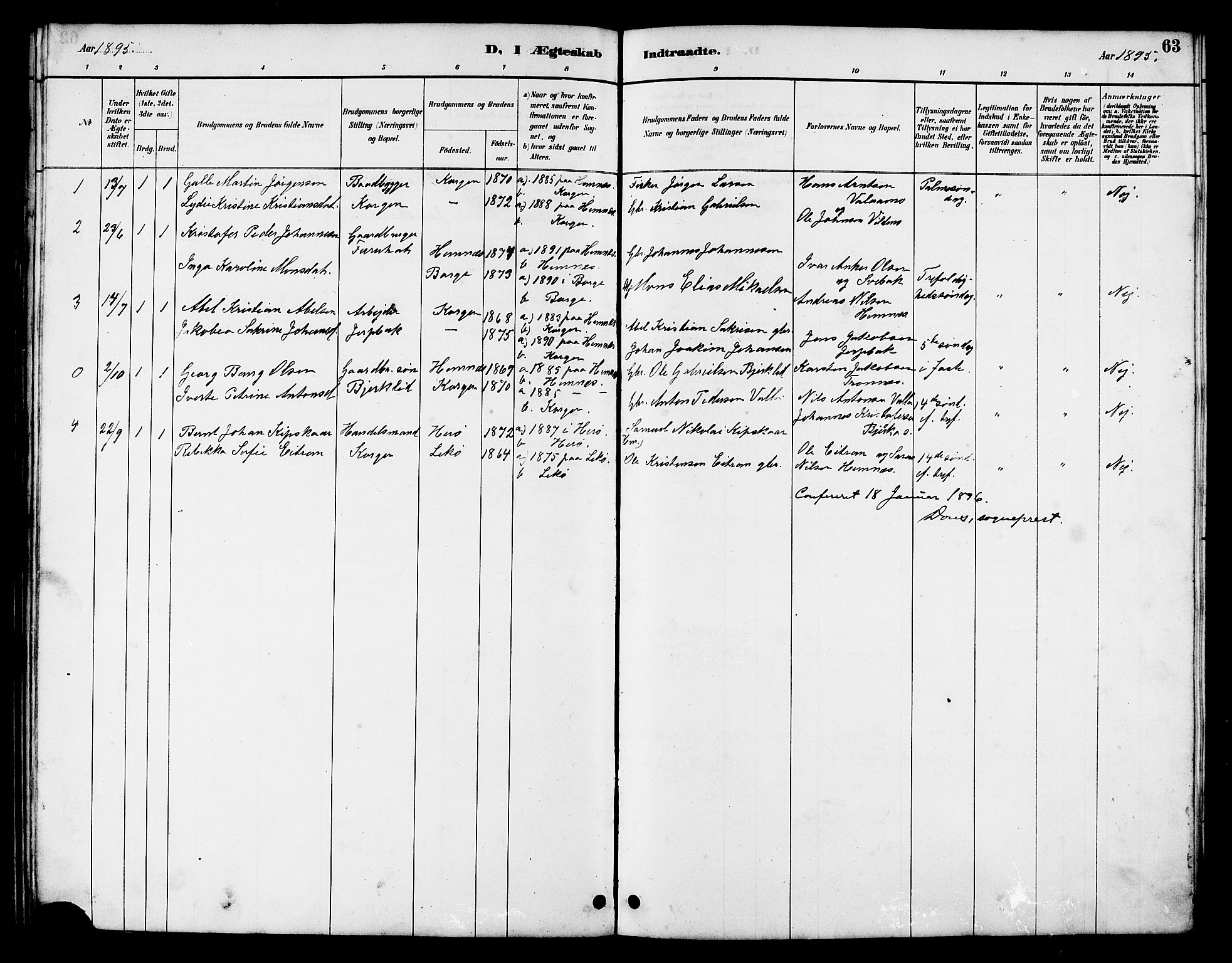 Ministerialprotokoller, klokkerbøker og fødselsregistre - Nordland, AV/SAT-A-1459/826/L0383: Parish register (copy) no. 826C03, 1887-1896, p. 63