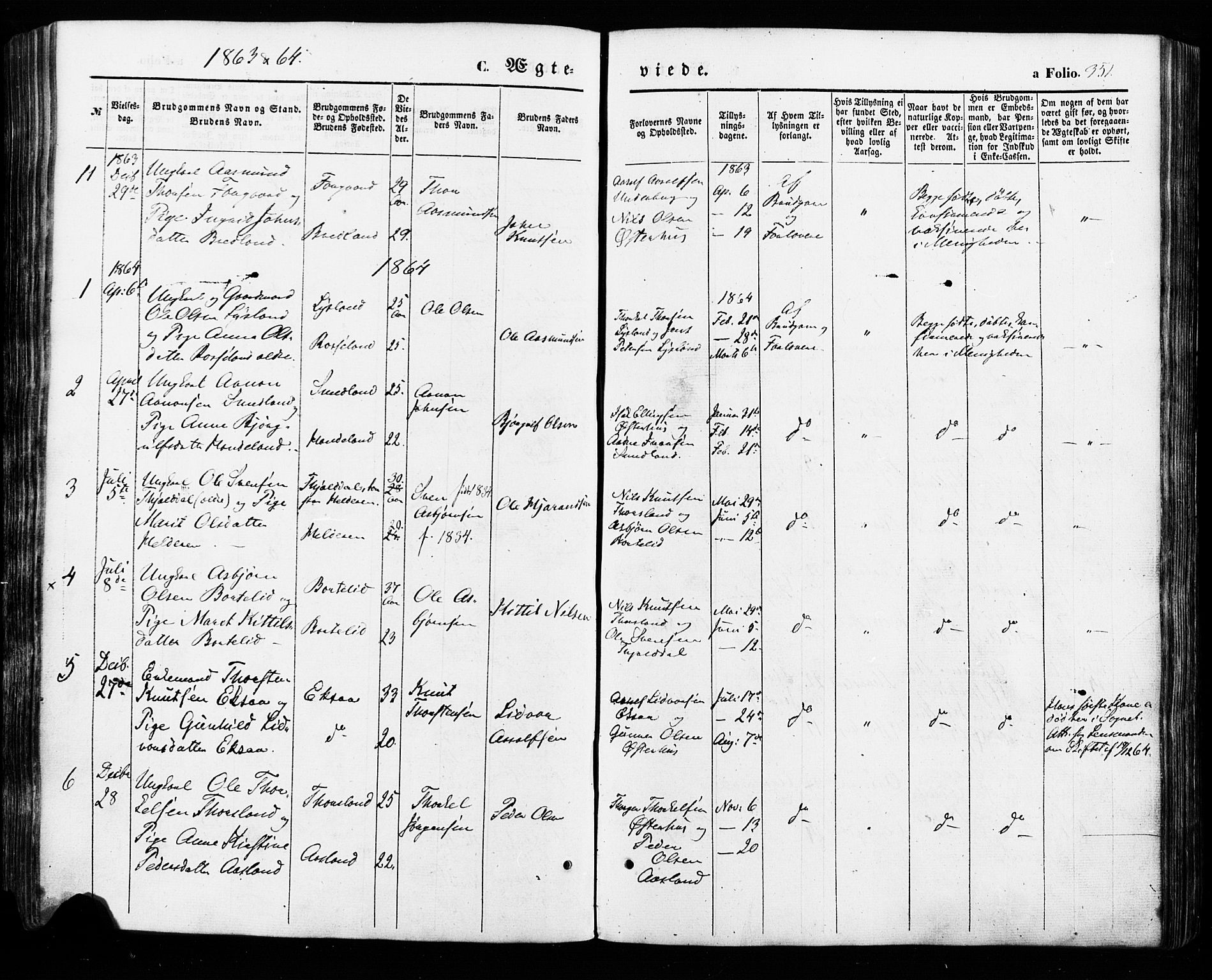 Åseral sokneprestkontor, AV/SAK-1111-0051/F/Fa/L0002: Parish register (official) no. A 2, 1854-1884, p. 351