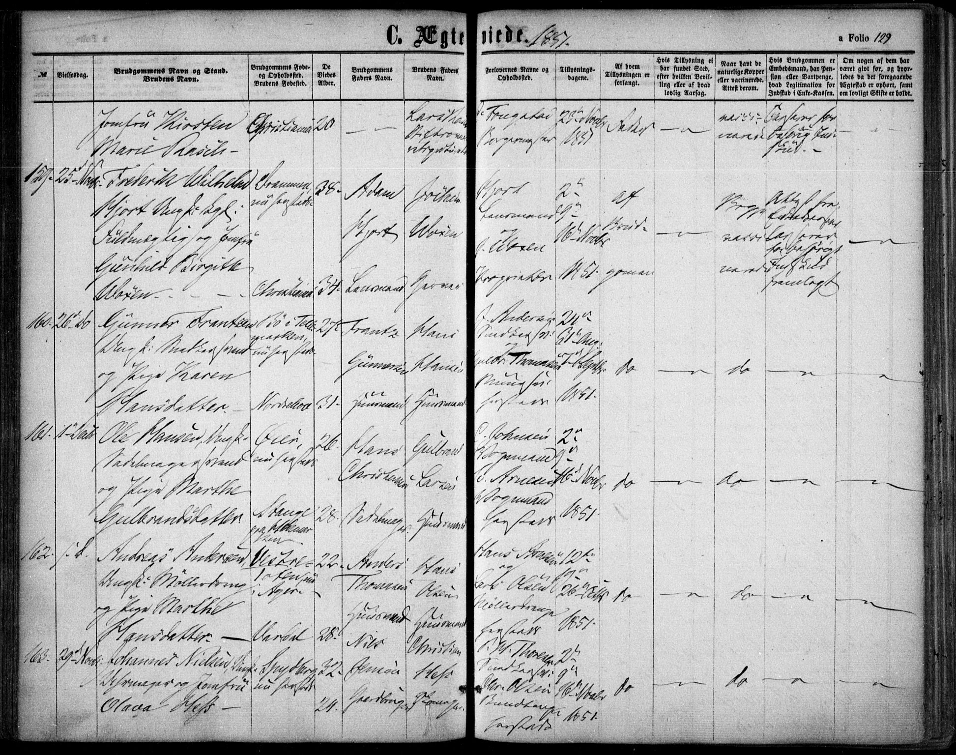 Oslo domkirke Kirkebøker, AV/SAO-A-10752/F/Fa/L0020: Parish register (official) no. 20, 1848-1865, p. 129