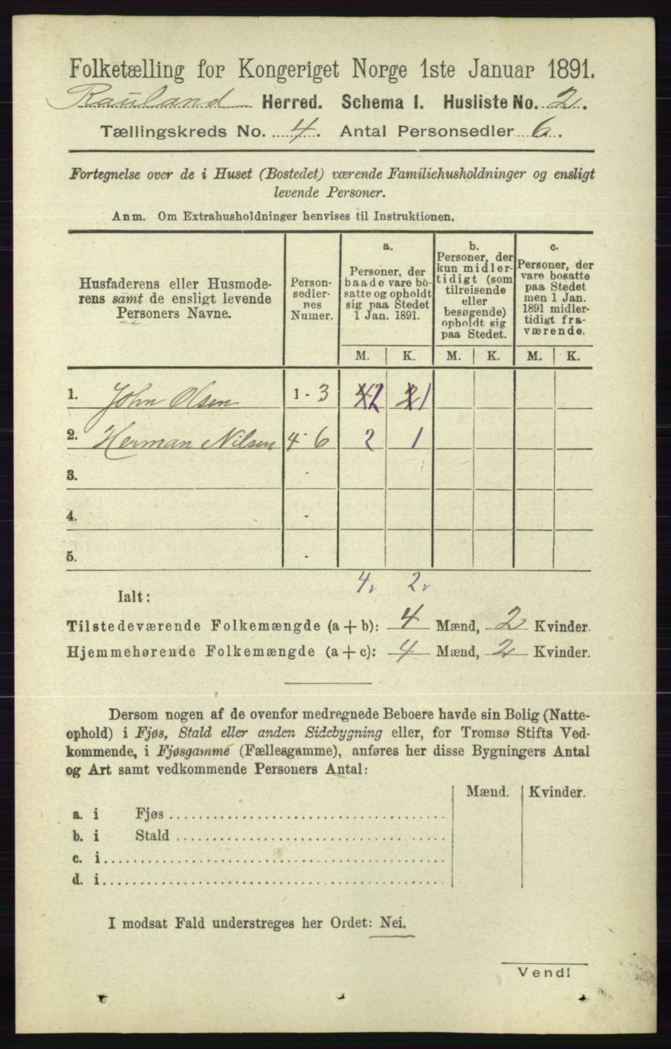 RA, 1891 census for 0835 Rauland, 1891, p. 988