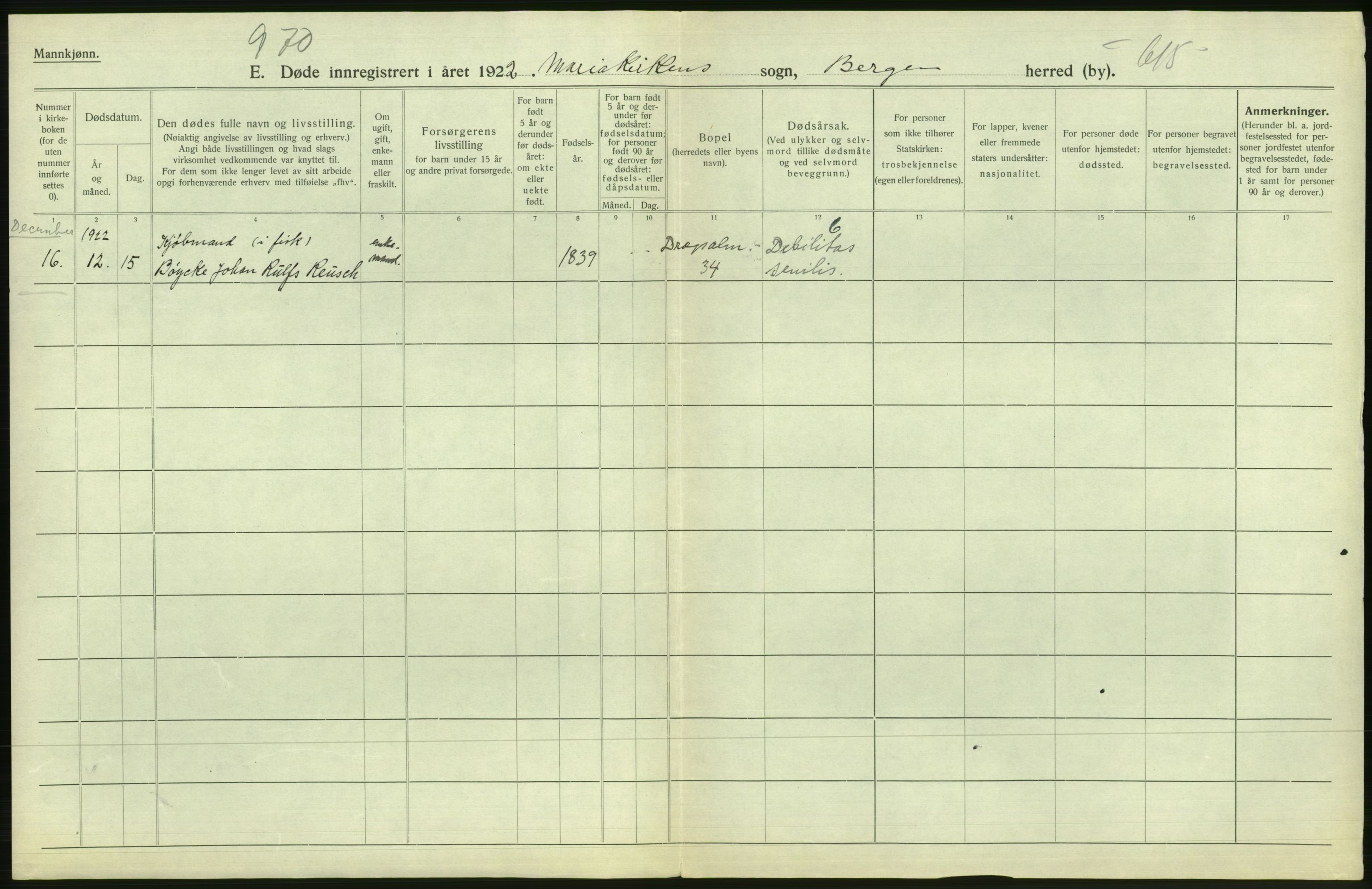 Statistisk sentralbyrå, Sosiodemografiske emner, Befolkning, AV/RA-S-2228/D/Df/Dfc/Dfcb/L0030: Bergen: Gifte, døde, dødfødte., 1922, p. 572