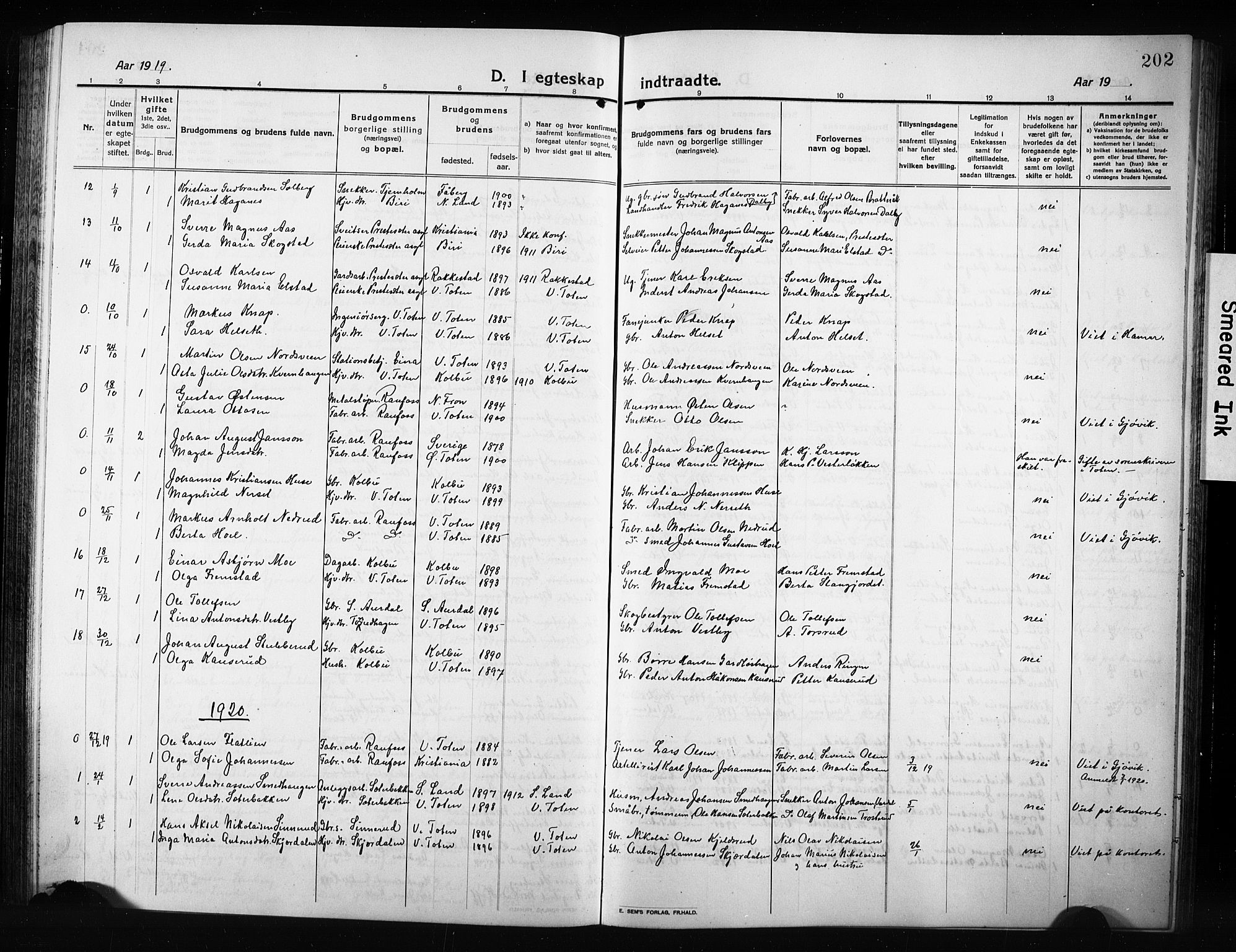 Vestre Toten prestekontor, SAH/PREST-108/H/Ha/Hab/L0012: Parish register (copy) no. 12, 1909-1928, p. 202