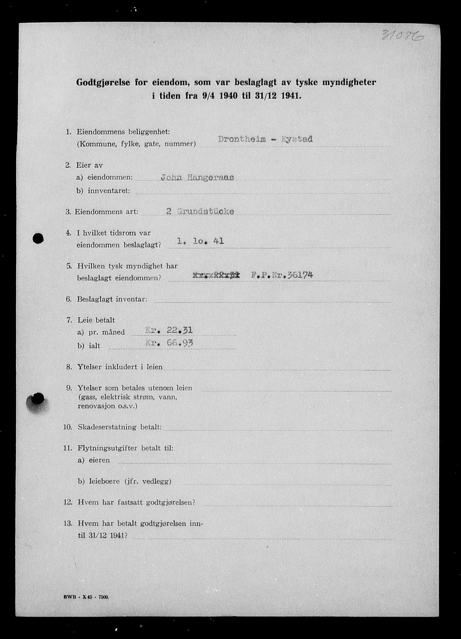 Justisdepartementet, Tilbakeføringskontoret for inndratte formuer, AV/RA-S-1564/I/L1018: Godtgjørelse for beslaglagt eiendom, 1940-1941, p. 56