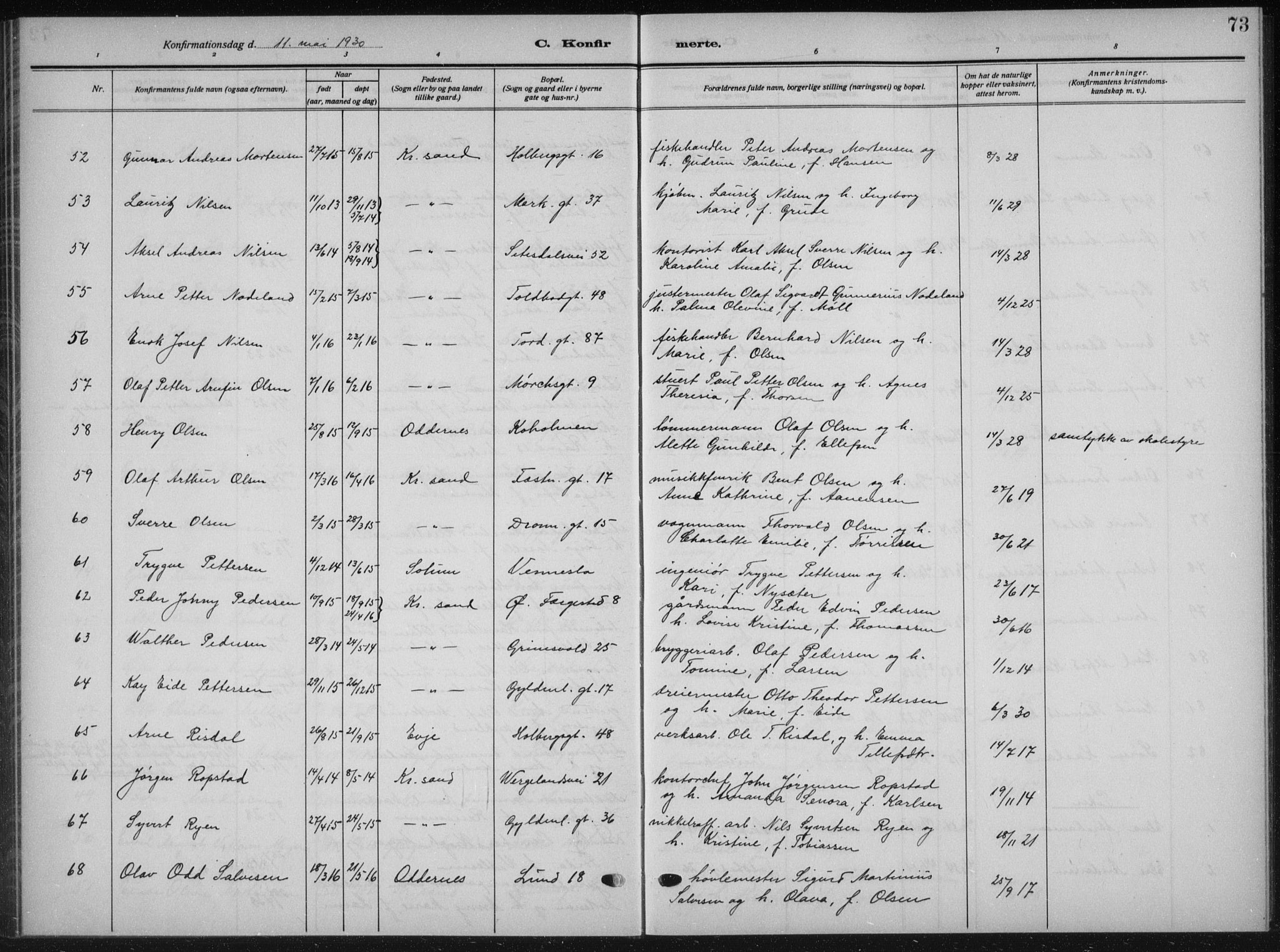 Kristiansand domprosti, AV/SAK-1112-0006/F/Fb/L0025: Parish register (copy) no. B 25, 1924-1934, p. 73