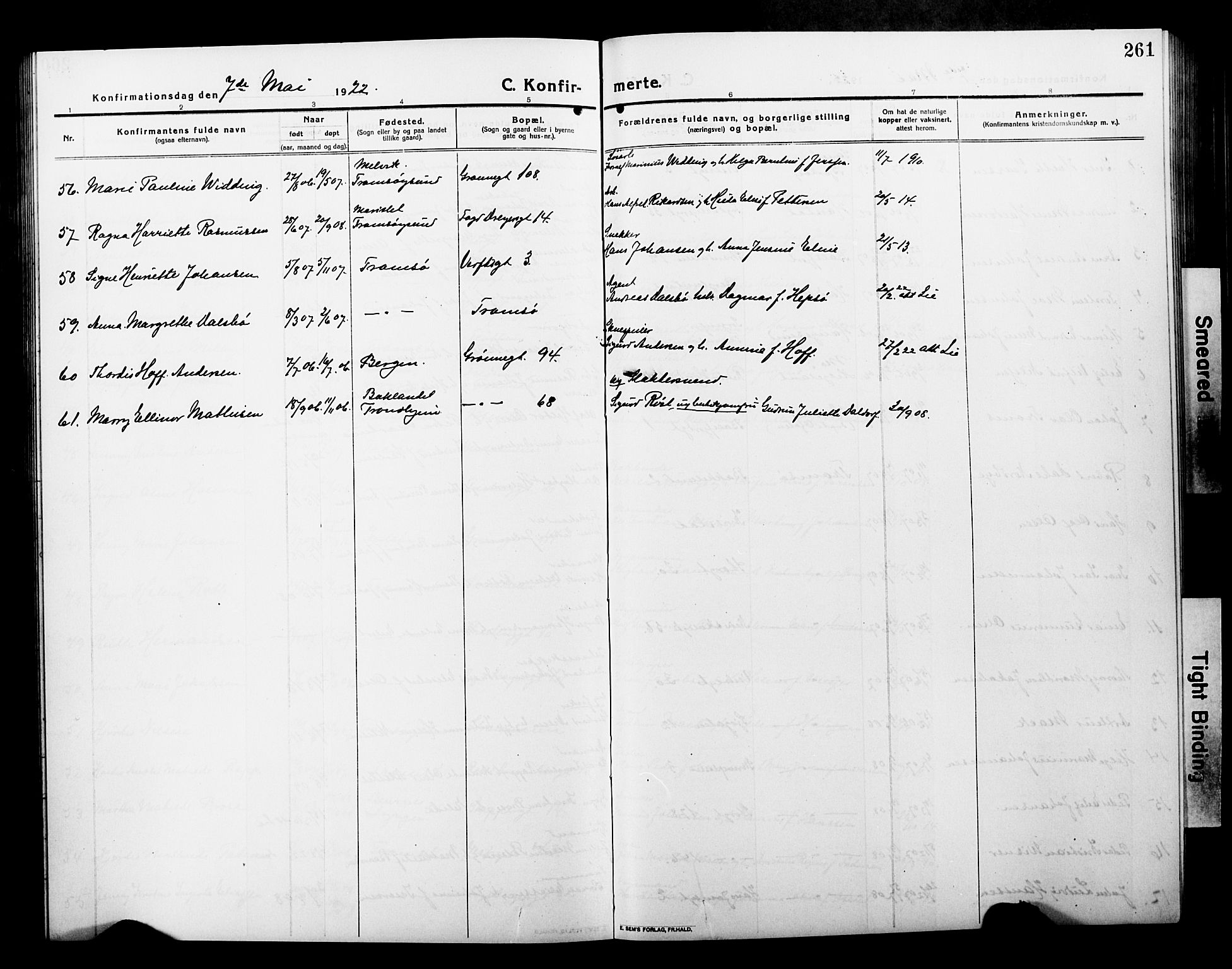 Tromsø sokneprestkontor/stiftsprosti/domprosti, AV/SATØ-S-1343/G/Gb/L0009klokker: Parish register (copy) no. 9, 1915-1925, p. 261