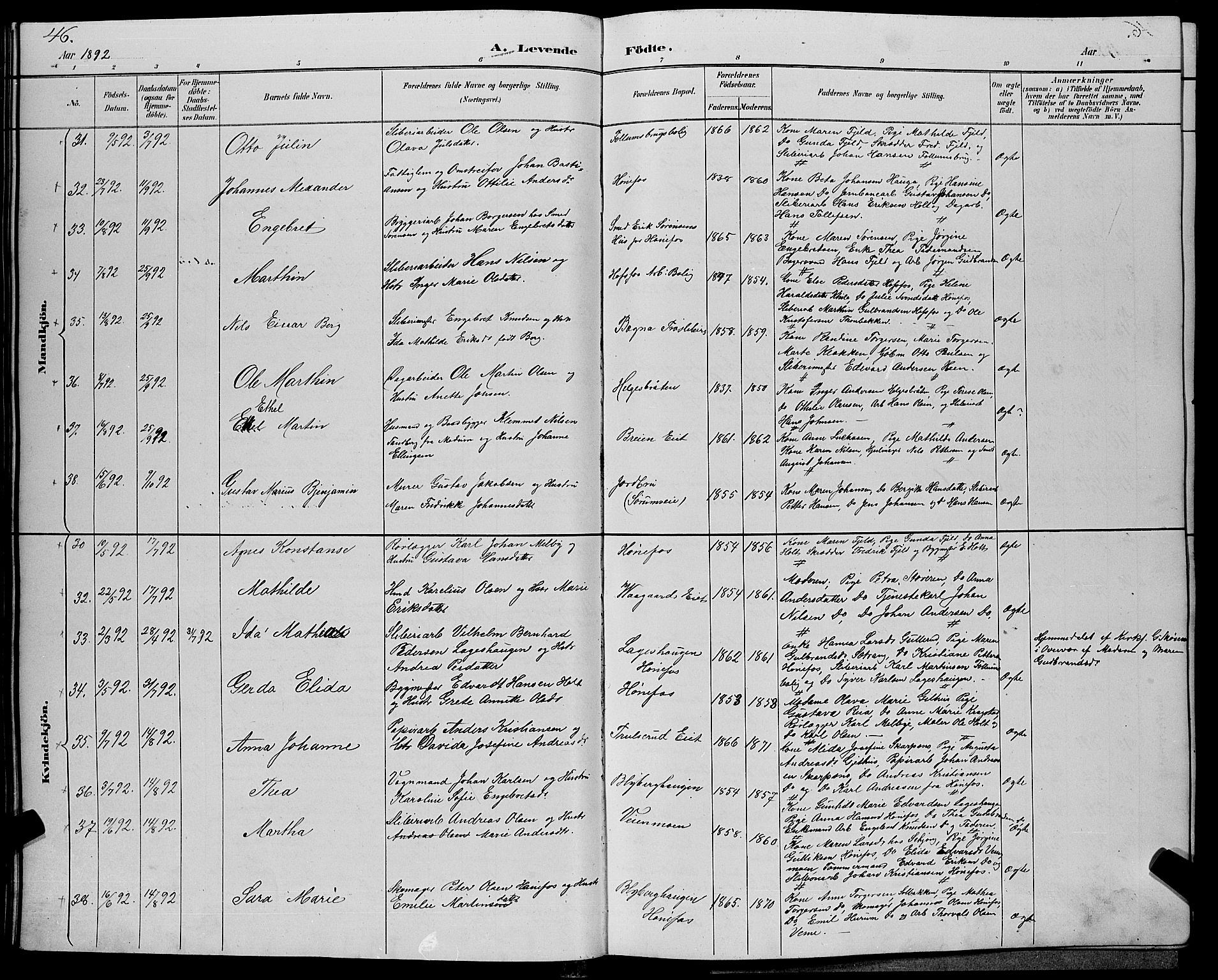 Hønefoss kirkebøker, AV/SAKO-A-609/G/Ga/L0002: Parish register (copy) no. 2, 1888-1904, p. 46