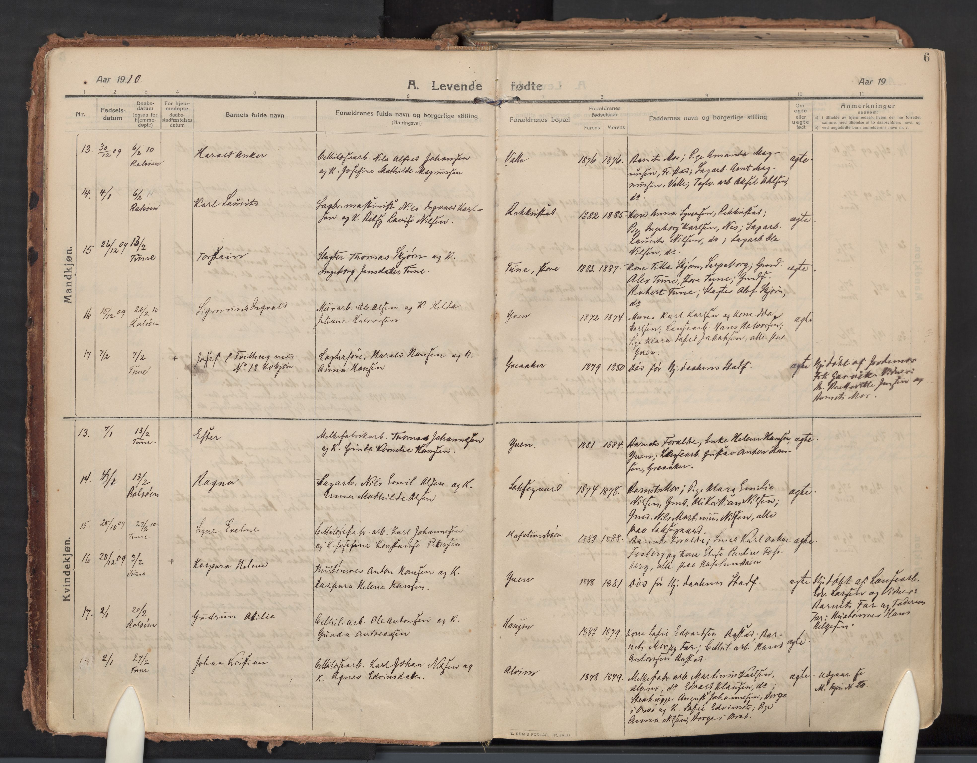 Tune prestekontor Kirkebøker, AV/SAO-A-2007/F/Fa/L0021: Parish register (official) no. 21, 1910-1916, p. 6