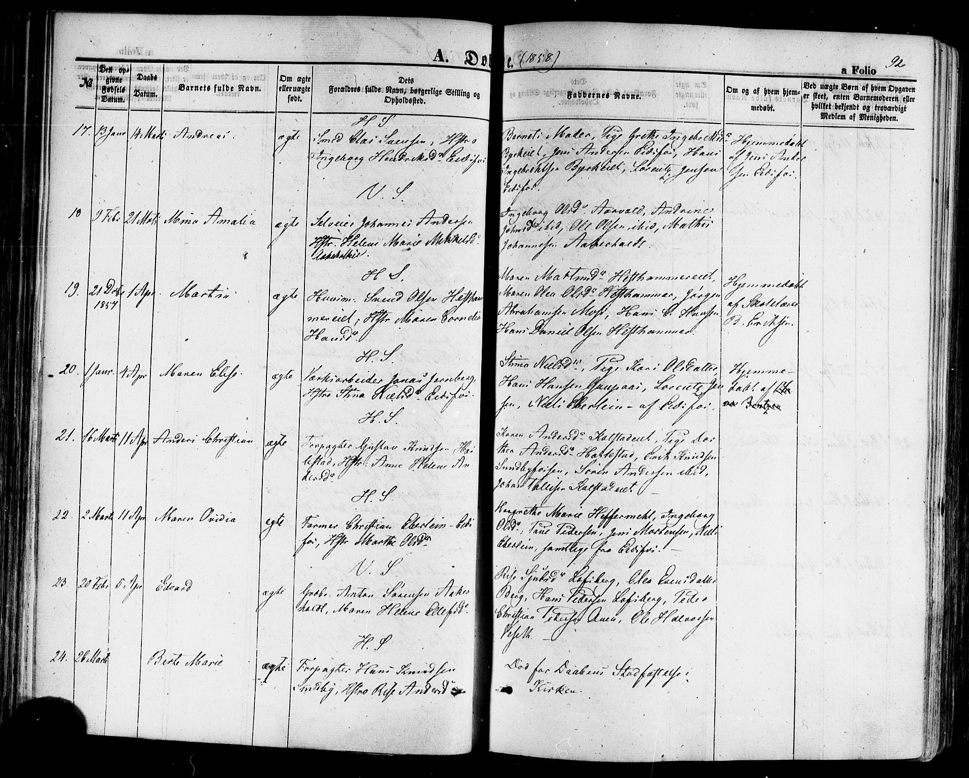 Hof kirkebøker, AV/SAKO-A-64/F/Fa/L0006: Parish register (official) no. I 6, 1851-1877, p. 92