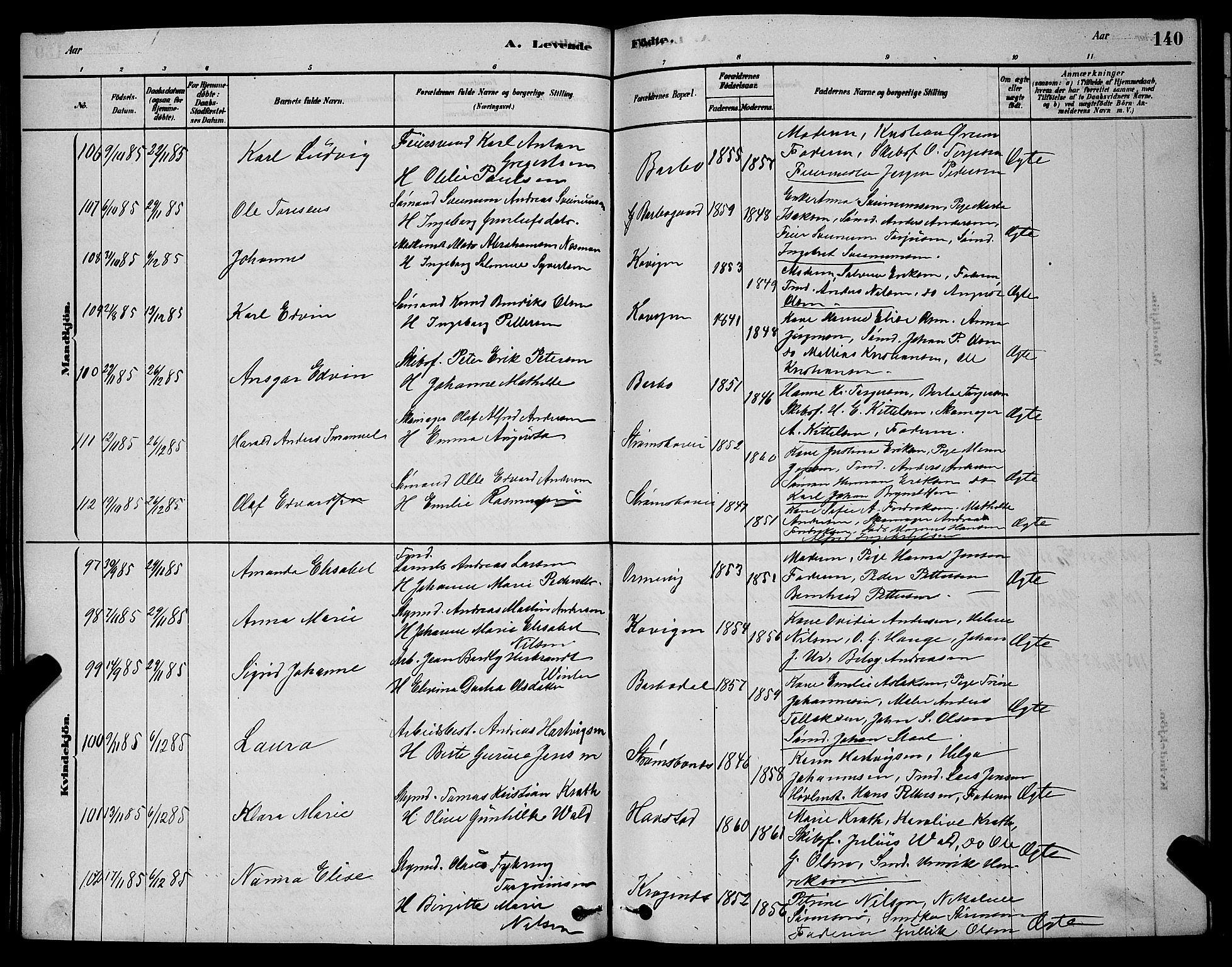 Barbu sokneprestkontor, AV/SAK-1111-0003/F/Fb/L0001: Parish register (copy) no. B 1, 1878-1890, p. 140
