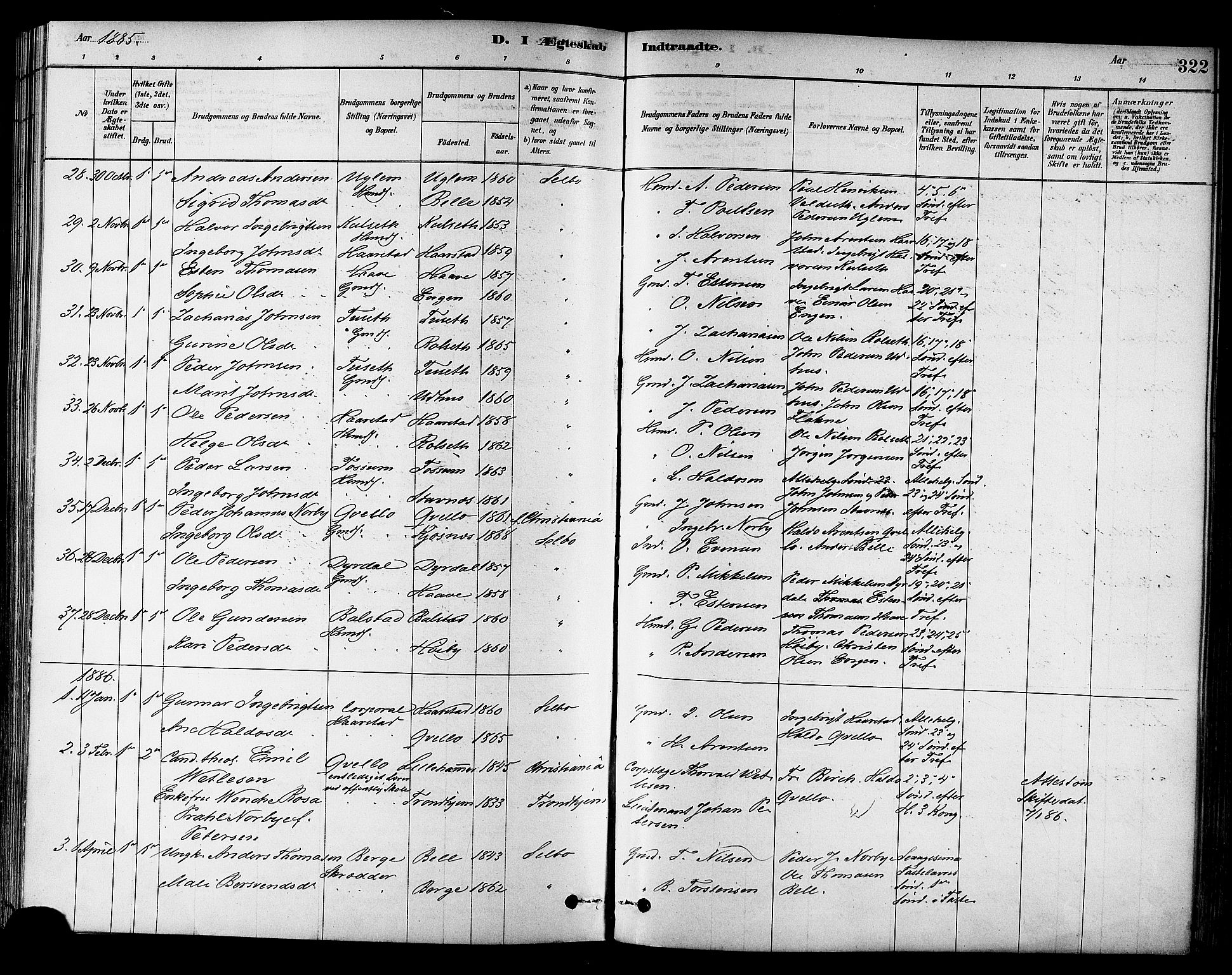 Ministerialprotokoller, klokkerbøker og fødselsregistre - Sør-Trøndelag, AV/SAT-A-1456/695/L1148: Parish register (official) no. 695A08, 1878-1891, p. 322