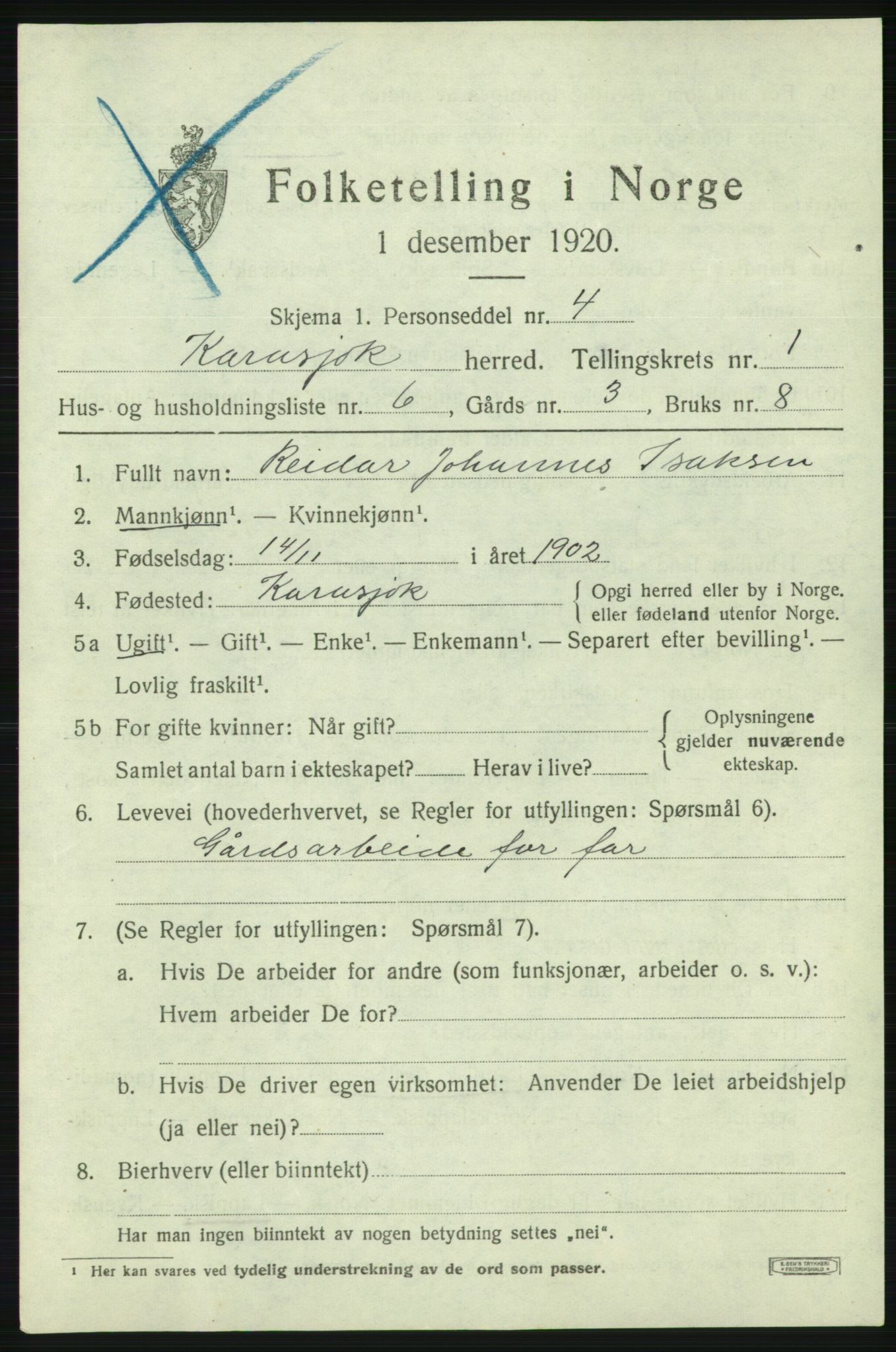 SATØ, 1920 census for Karasjok, 1920, p. 460