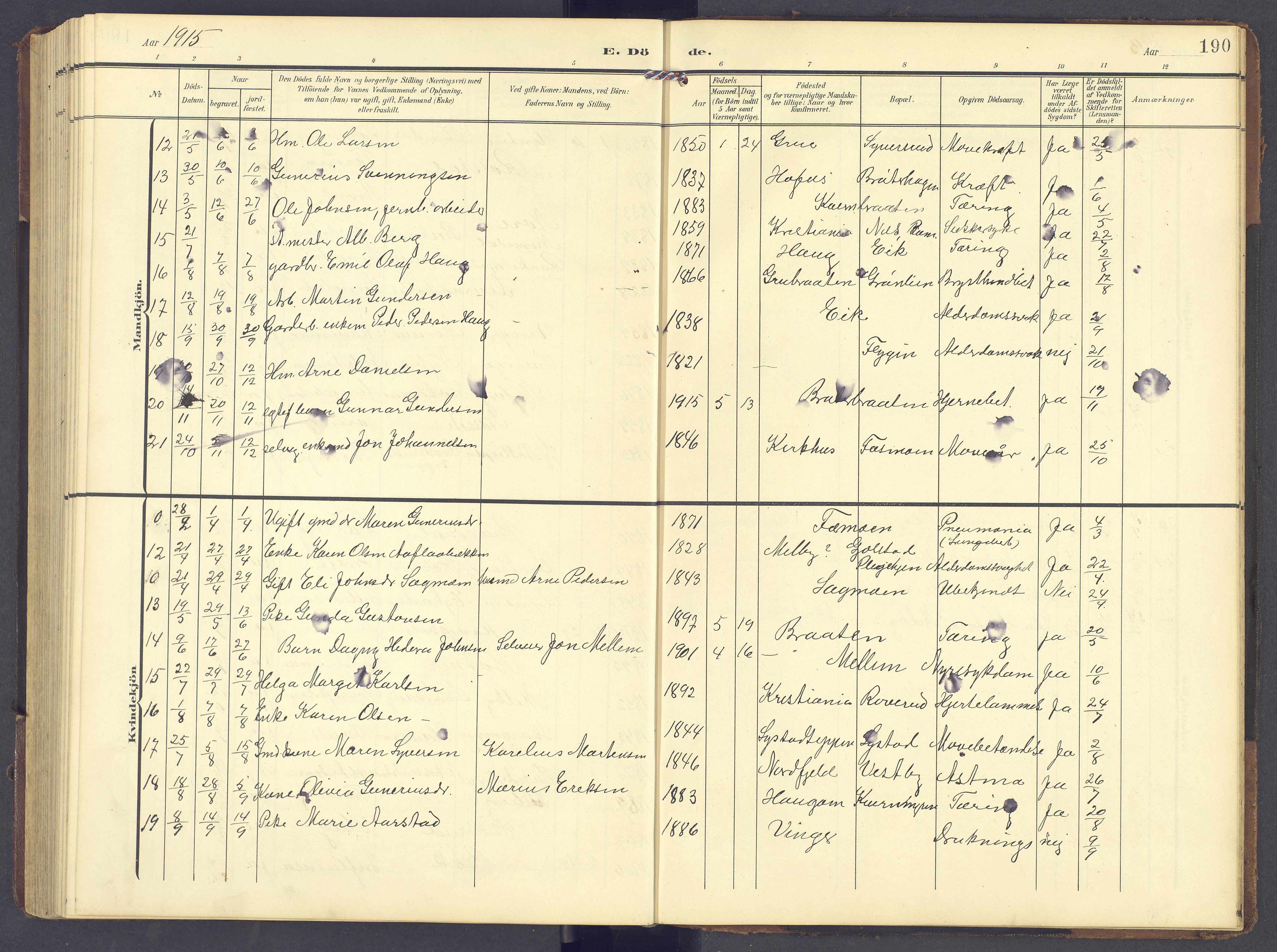 Brandval prestekontor, AV/SAH-PREST-034/H/Ha/Hab/L0003: Parish register (copy) no. 3, 1904-1917, p. 190