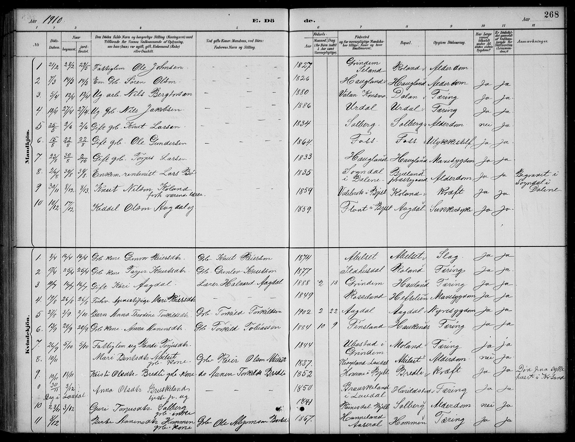 Bjelland sokneprestkontor, SAK/1111-0005/F/Fb/Fba/L0005: Parish register (copy) no. B 5, 1887-1923, p. 268