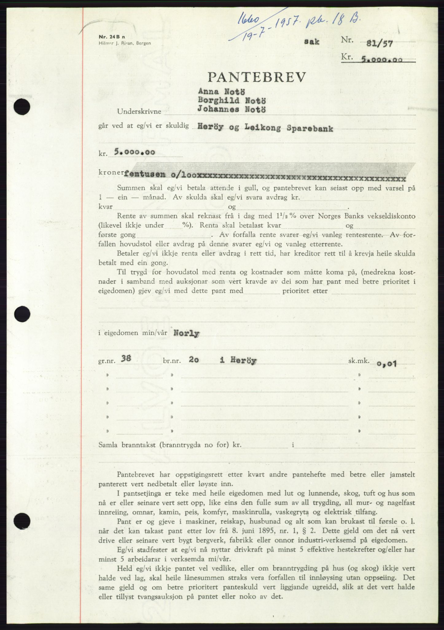 Søre Sunnmøre sorenskriveri, AV/SAT-A-4122/1/2/2C/L0130: Mortgage book no. 18B, 1957-1958, Diary no: : 1660/1957