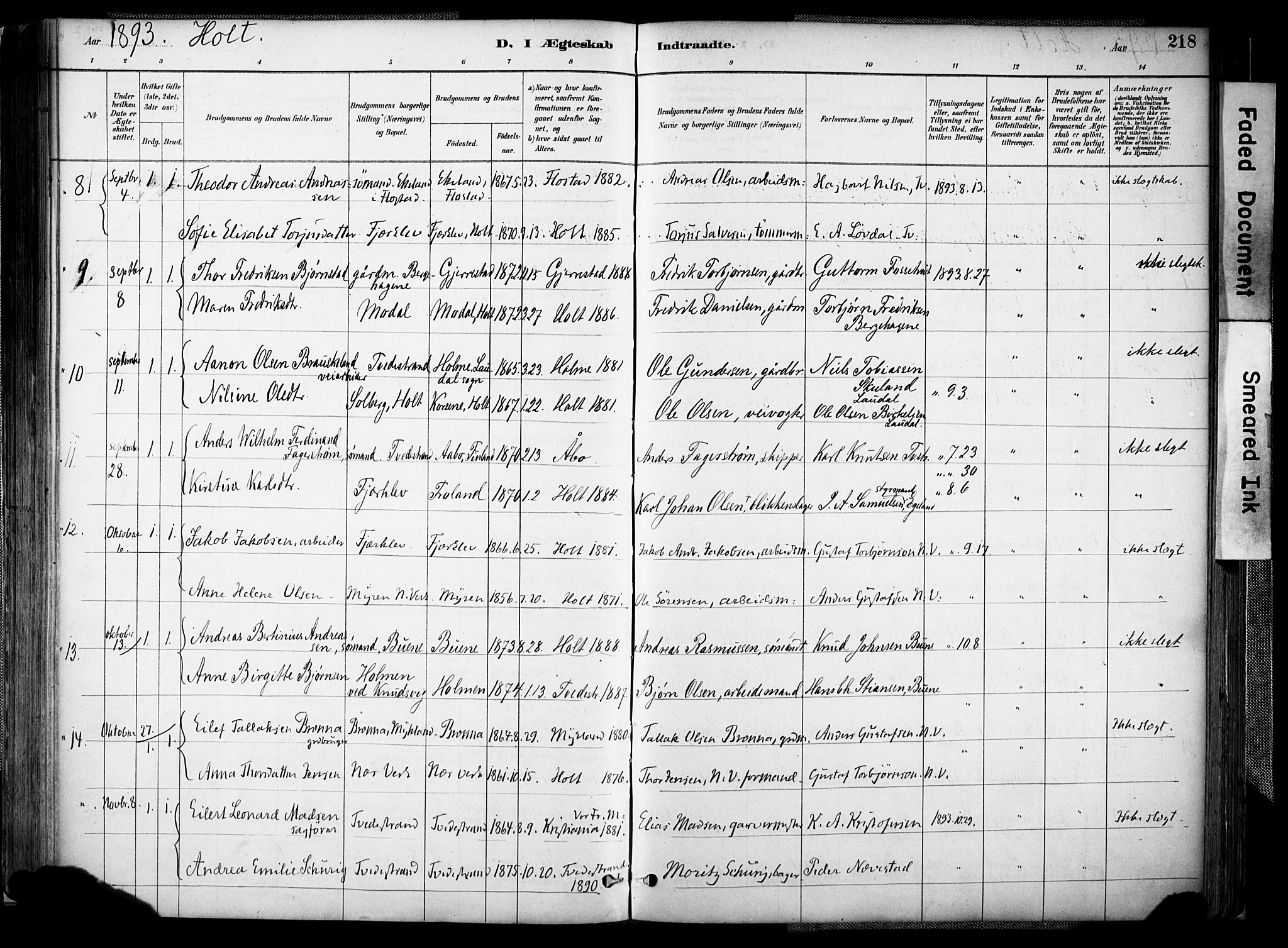 Holt sokneprestkontor, AV/SAK-1111-0021/F/Fa/L0012: Parish register (official) no. A 12, 1885-1907, p. 218