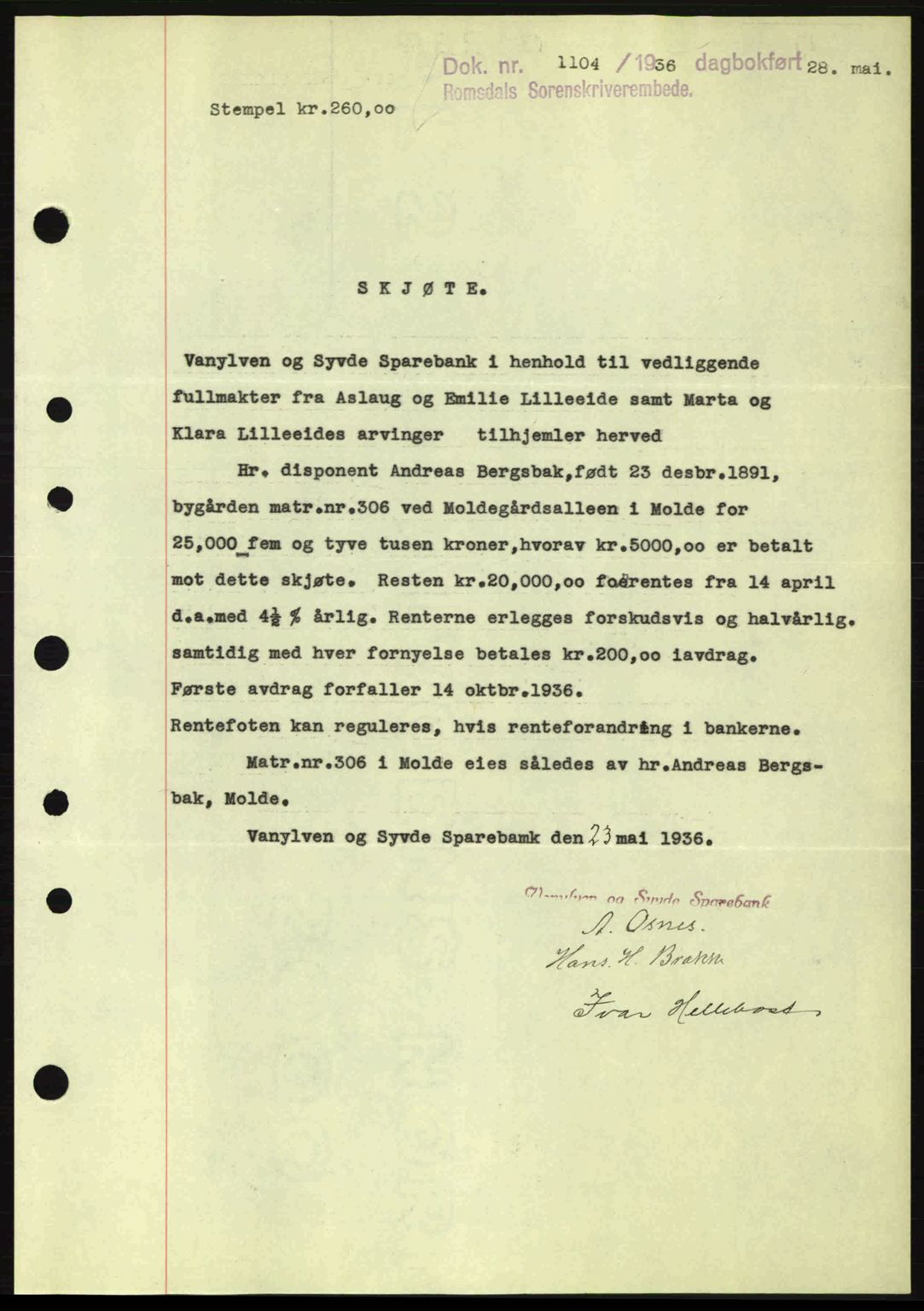 Romsdal sorenskriveri, AV/SAT-A-4149/1/2/2C: Mortgage book no. A1, 1936-1936, Diary no: : 1104/1936