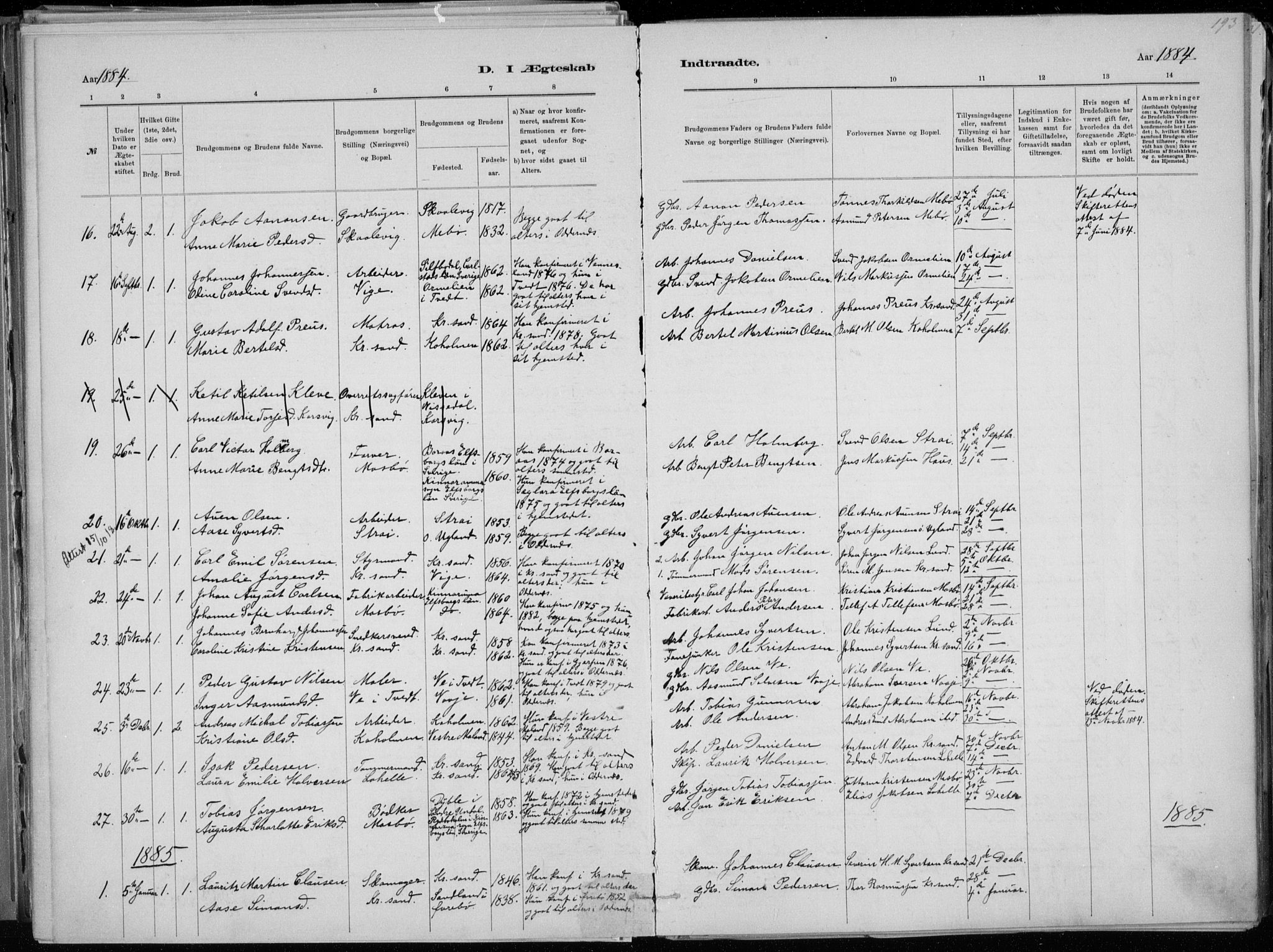 Oddernes sokneprestkontor, AV/SAK-1111-0033/F/Fa/Faa/L0009: Parish register (official) no. A 9, 1884-1896, p. 193