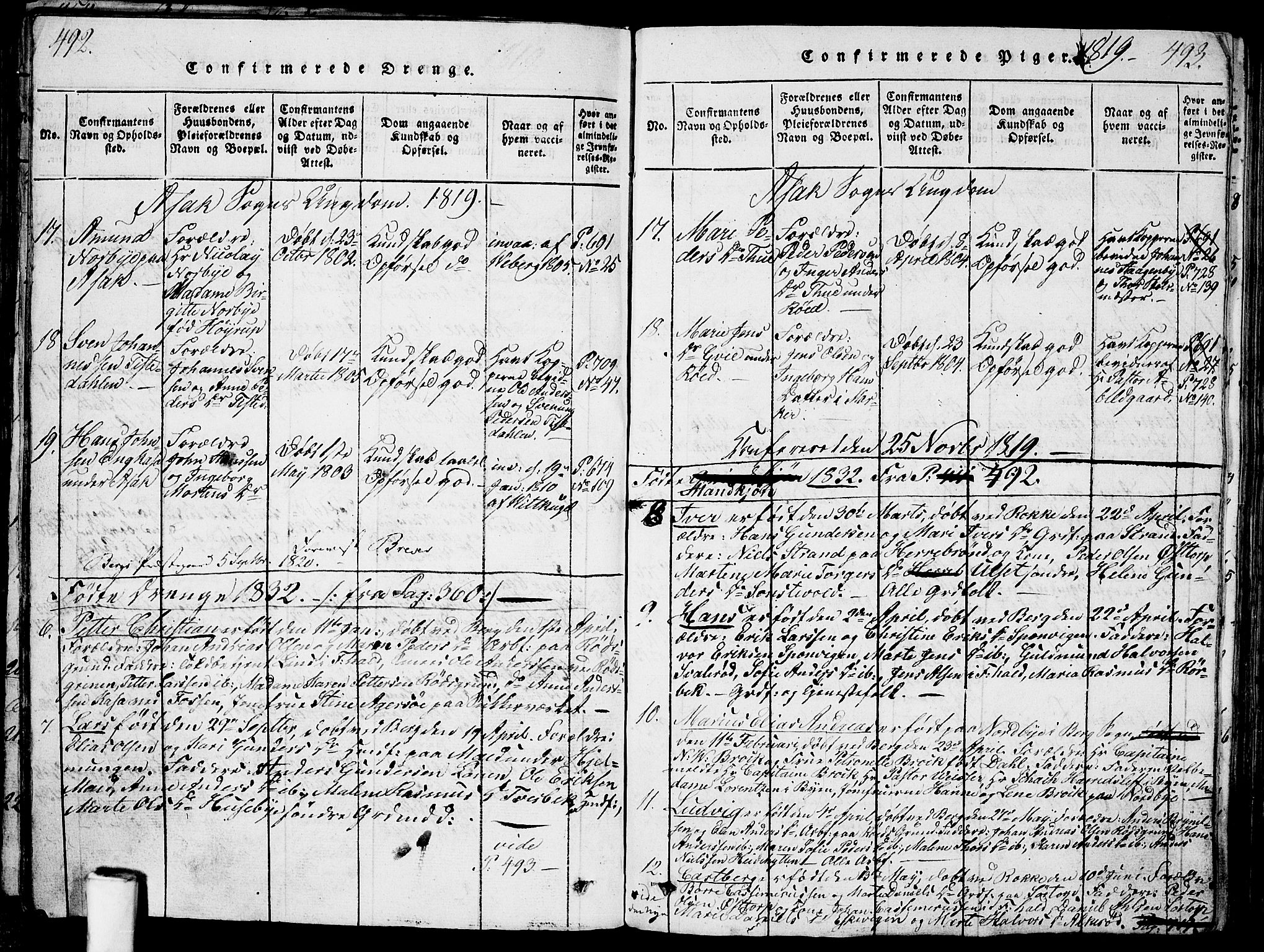 Berg prestekontor Kirkebøker, AV/SAO-A-10902/G/Ga/L0001: Parish register (copy) no. I 1, 1815-1832, p. 492-493