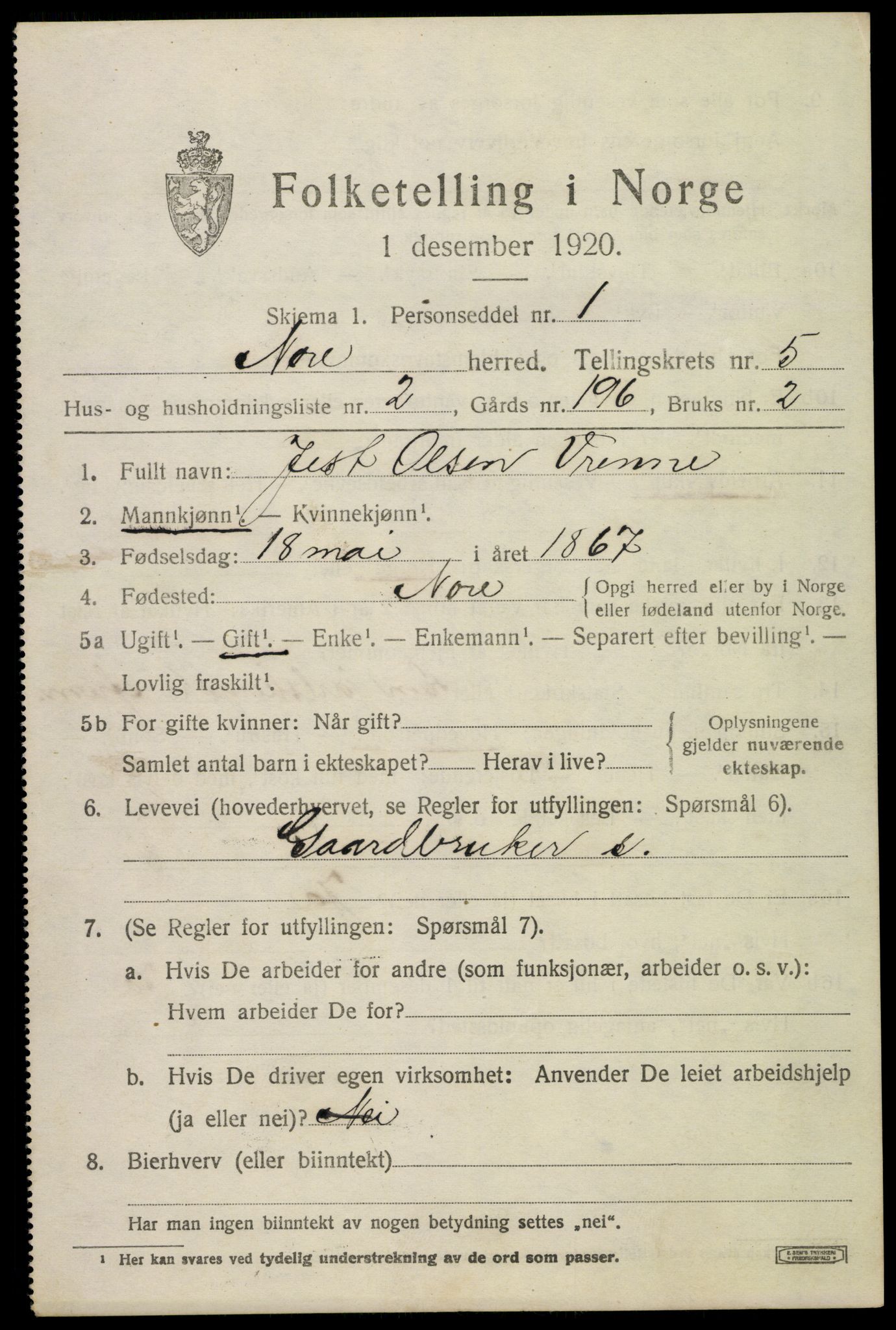 SAKO, 1920 census for Nore, 1920, p. 2222
