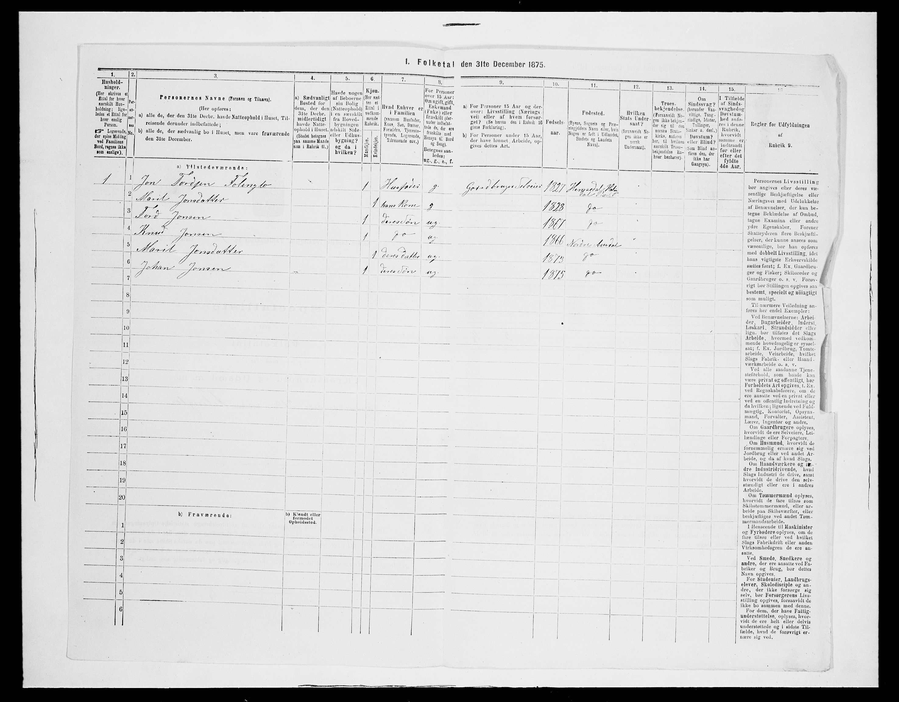 SAH, 1875 census for 0542P Nord-Aurdal, 1875, p. 1123