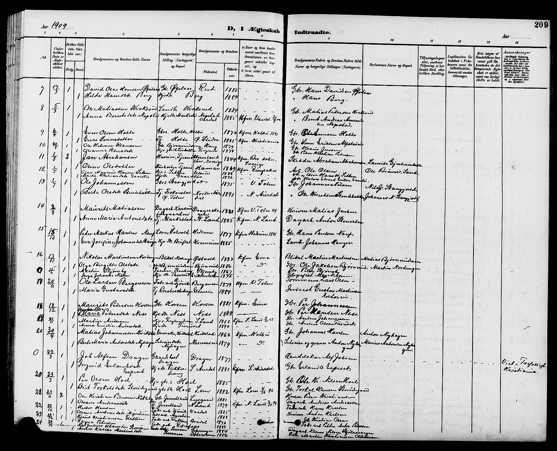 Vestre Toten prestekontor, AV/SAH-PREST-108/H/Ha/Hab/L0010: Parish register (copy) no. 10, 1900-1912, p. 209