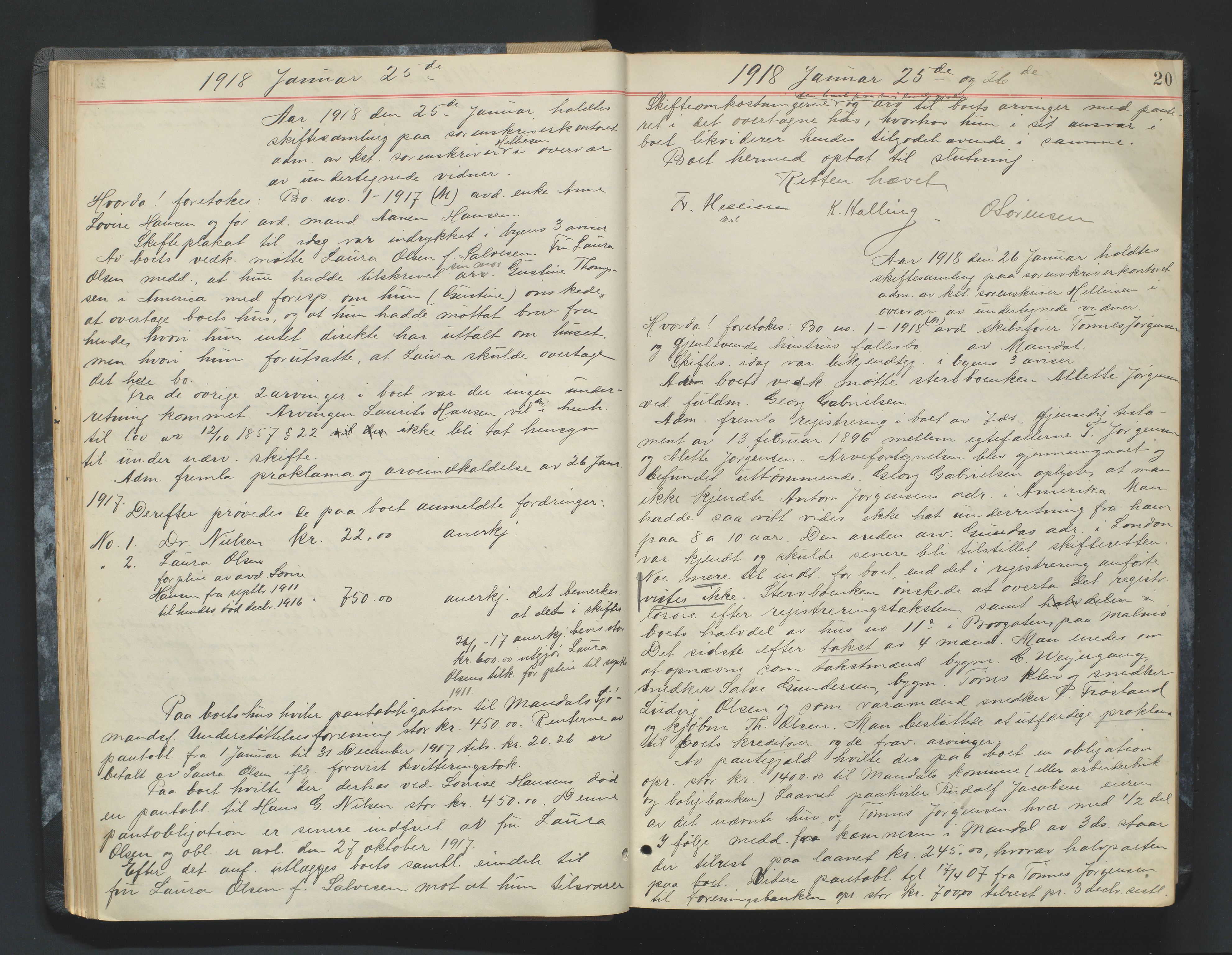 Mandal sorenskriveri, AV/SAK-1221-0005/001/H/Hc/L0083: Skifteforhandlingsprotokoll nr 15, 1917-1921, p. 20