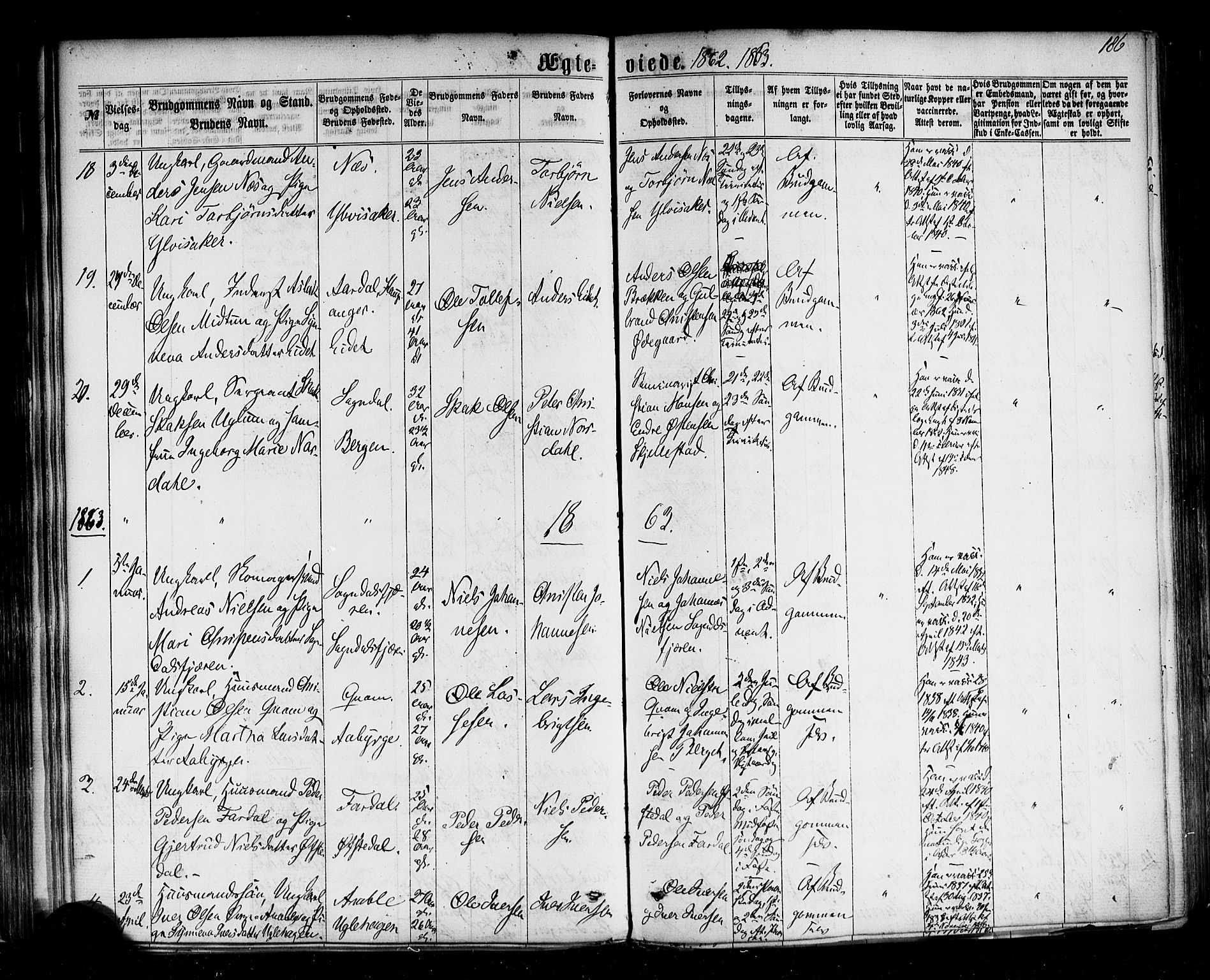 Sogndal sokneprestembete, AV/SAB-A-81301/H/Haa/Haaa/L0013: Parish register (official) no. A 13, 1859-1877, p. 186