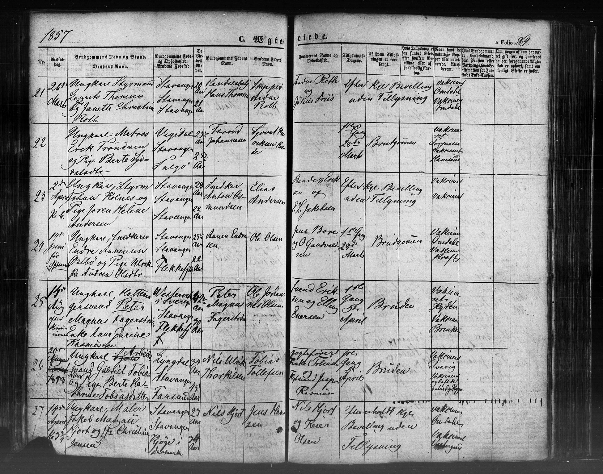 Domkirken sokneprestkontor, AV/SAST-A-101812/001/30/30BB/L0009: Parish register (copy) no. B 9, 1850-1858, p. 269
