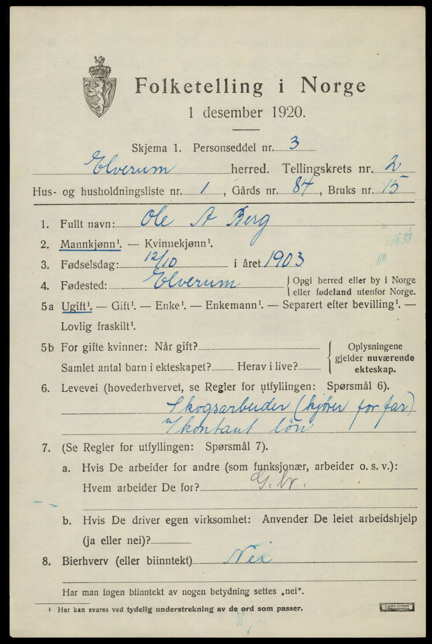 SAH, 1920 census for Elverum, 1920, p. 4598