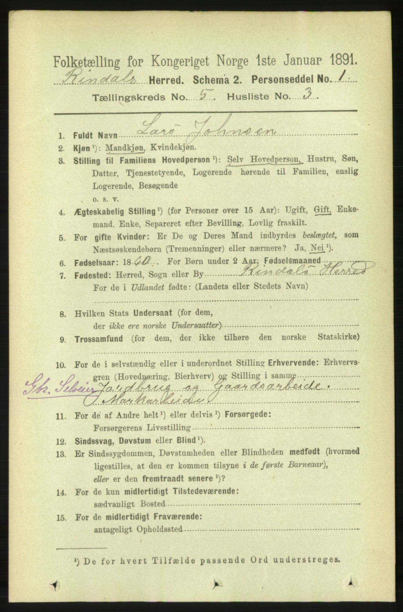 RA, 1891 census for 1567 Rindal, 1891, p. 1607