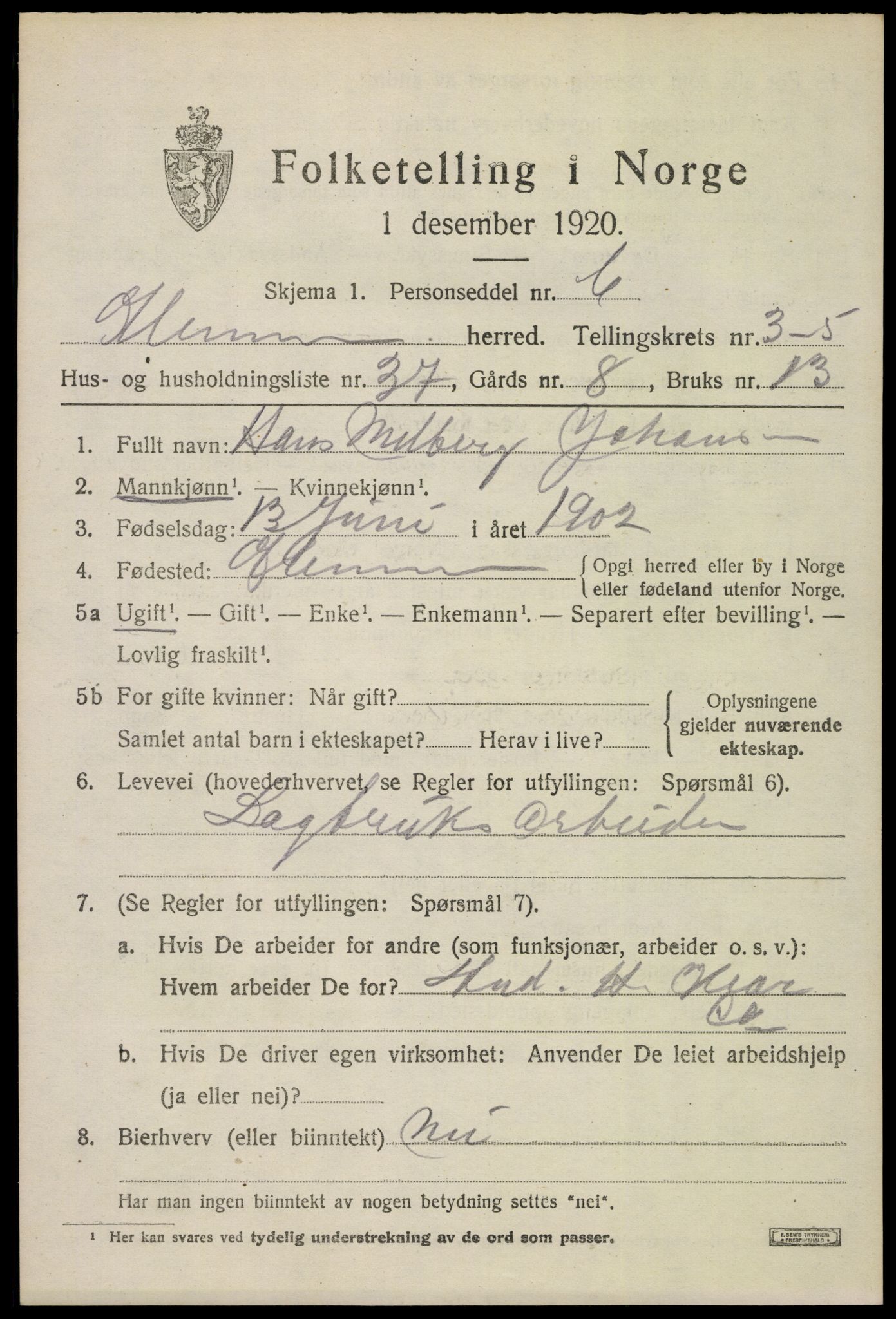 SAO, 1920 census for Glemmen, 1920, p. 8585