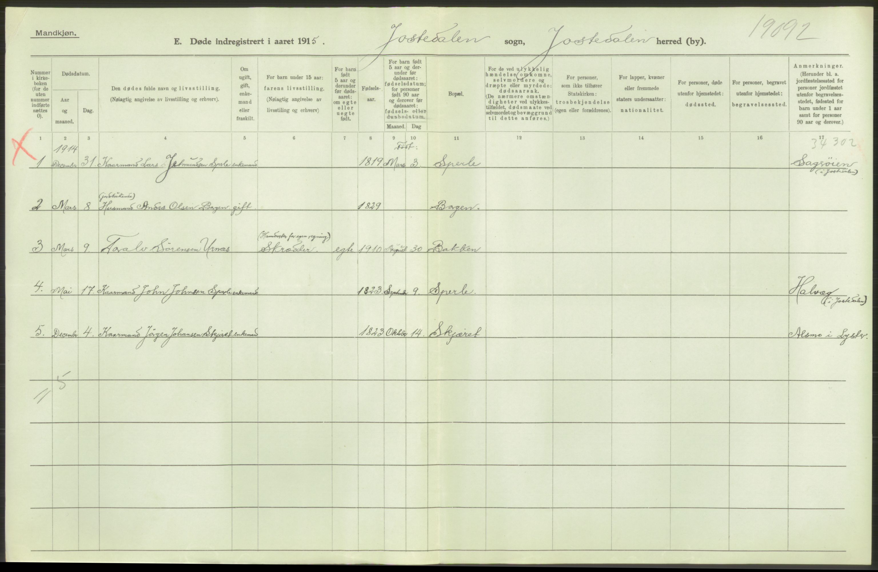 Statistisk sentralbyrå, Sosiodemografiske emner, Befolkning, AV/RA-S-2228/D/Df/Dfb/Dfbe/L0036: N. Bergenhus amt: Døde, dødfødte. Bygder., 1915, p. 102