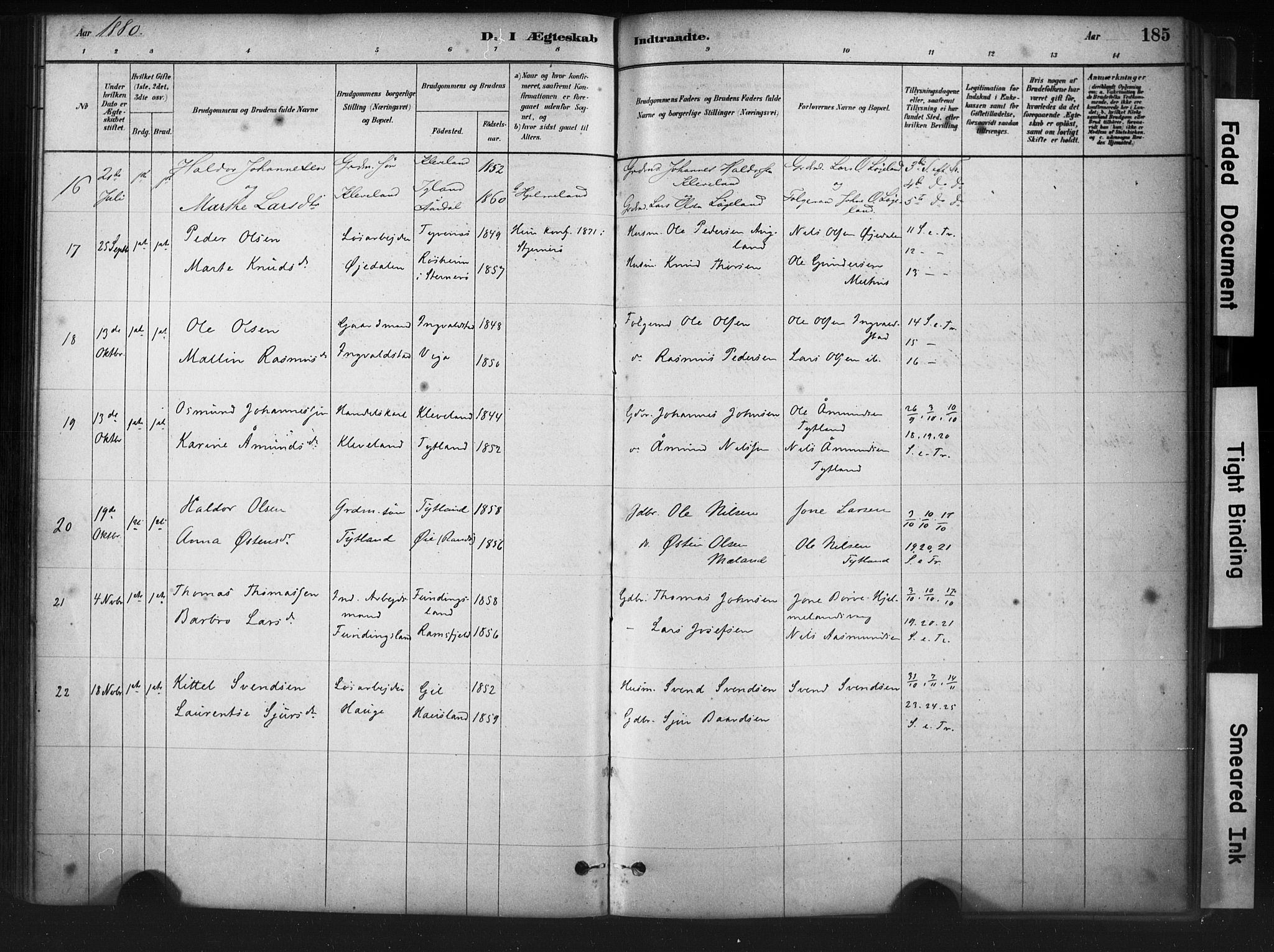 Hjelmeland sokneprestkontor, AV/SAST-A-101843/01/IV/L0014: Parish register (official) no. A 14, 1879-1900, p. 185