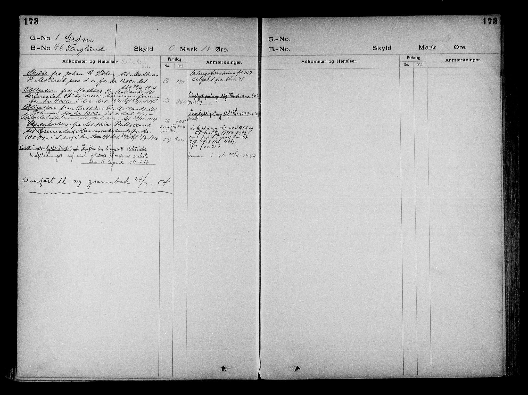 Vestre Nedenes/Sand sorenskriveri, SAK/1221-0010/G/Ga/L0022: Mortgage register no. 15, 1899-1957, p. 173