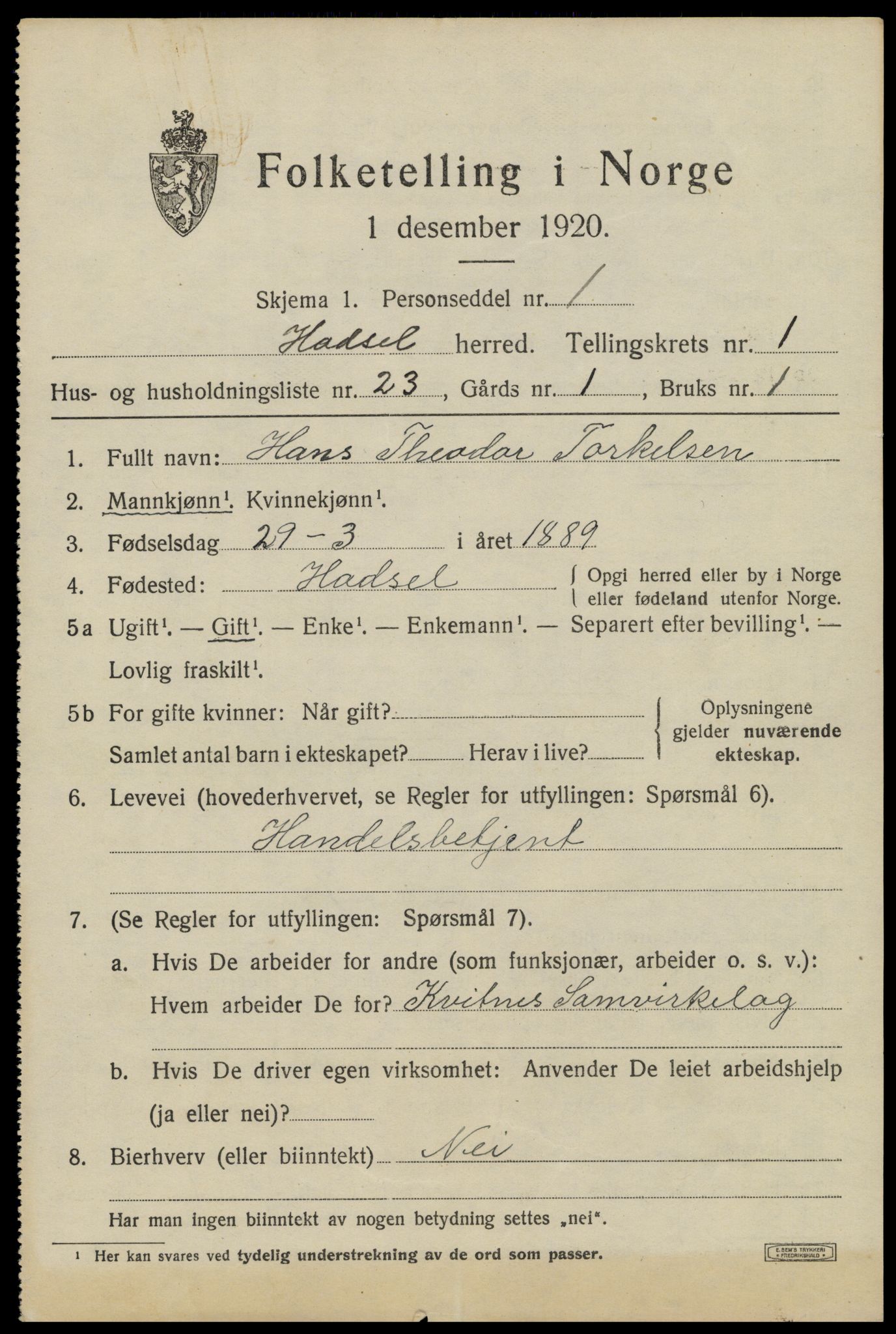 SAT, 1920 census for Hadsel, 1920, p. 3658