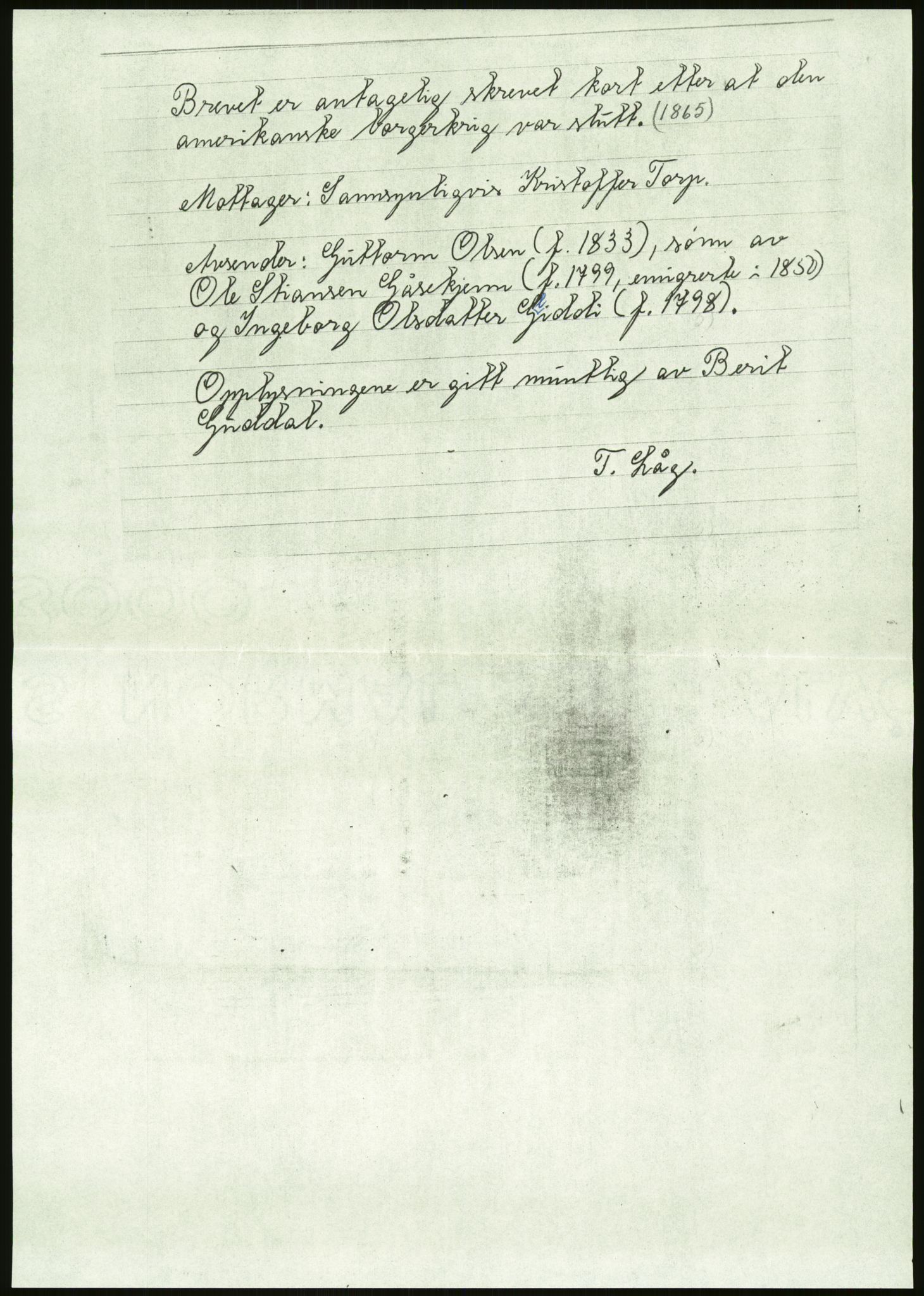 Samlinger til kildeutgivelse, Amerikabrevene, AV/RA-EA-4057/F/L0026: Innlån fra Aust-Agder: Aust-Agder-Arkivet - Erickson, 1838-1914, p. 295