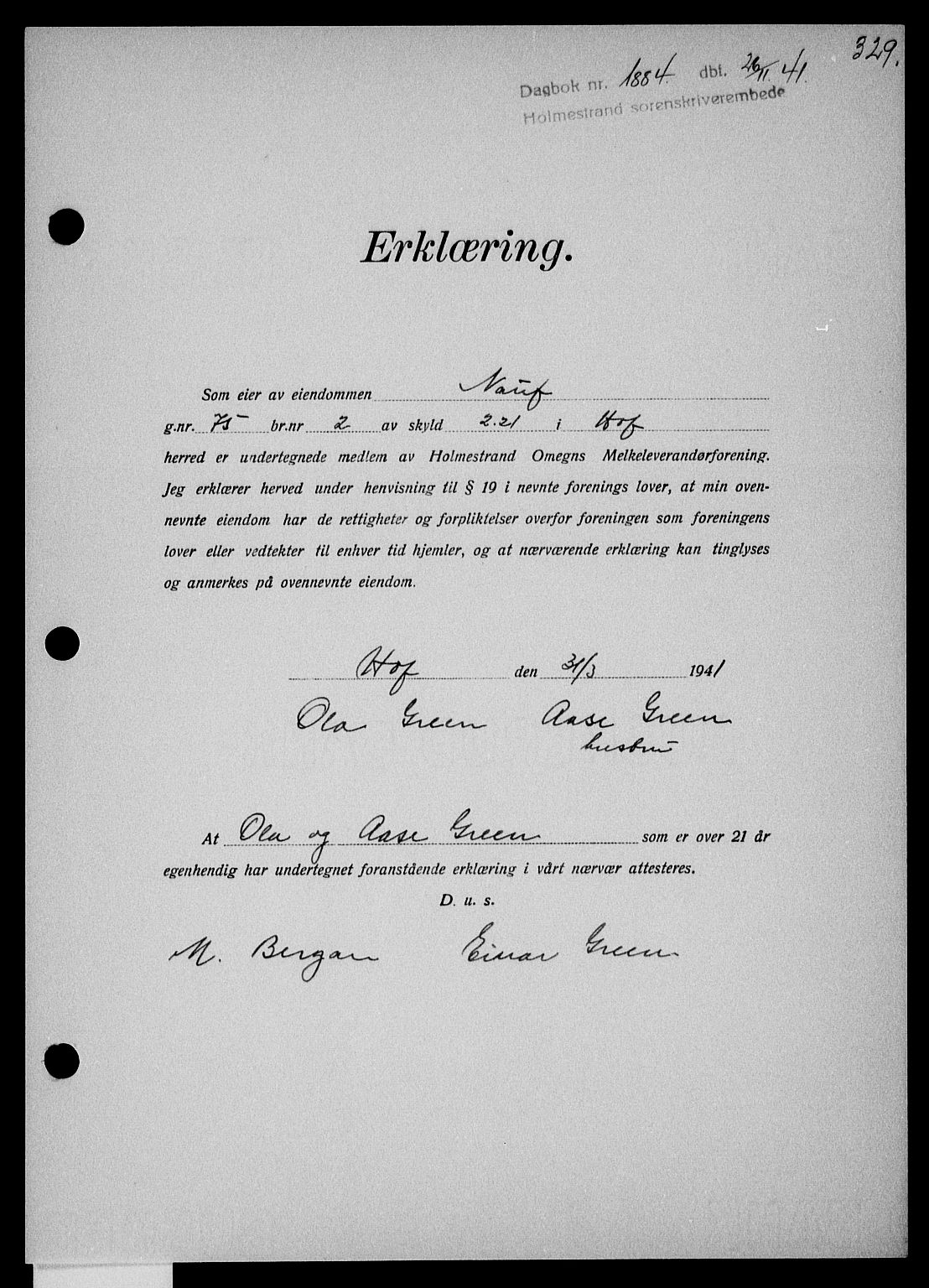 Holmestrand sorenskriveri, SAKO/A-67/G/Ga/Gaa/L0054: Mortgage book no. A-54, 1941-1942, Diary no: : 1884/1941