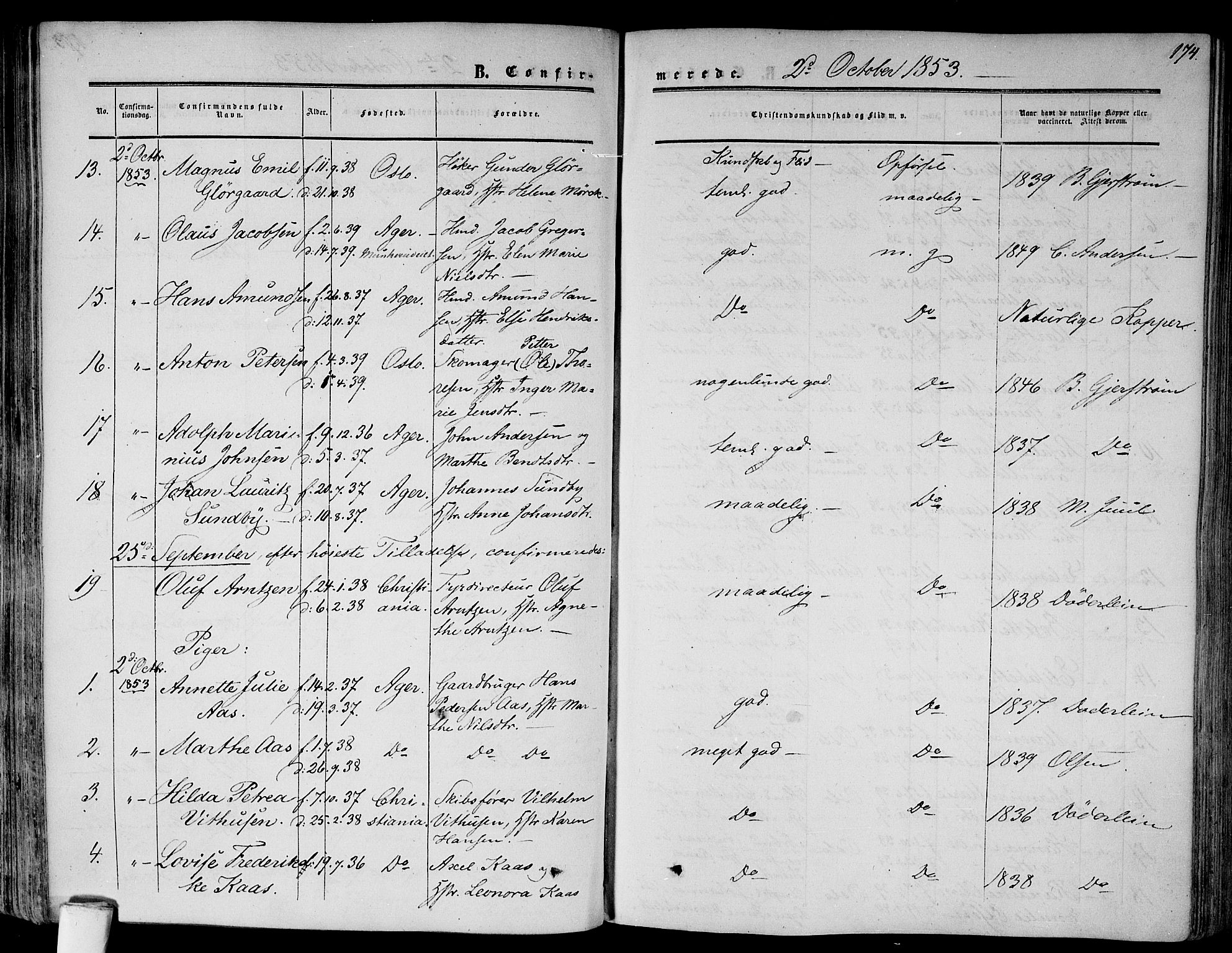 Gamlebyen prestekontor Kirkebøker, AV/SAO-A-10884/F/Fa/L0004: Parish register (official) no. 4, 1850-1857, p. 174