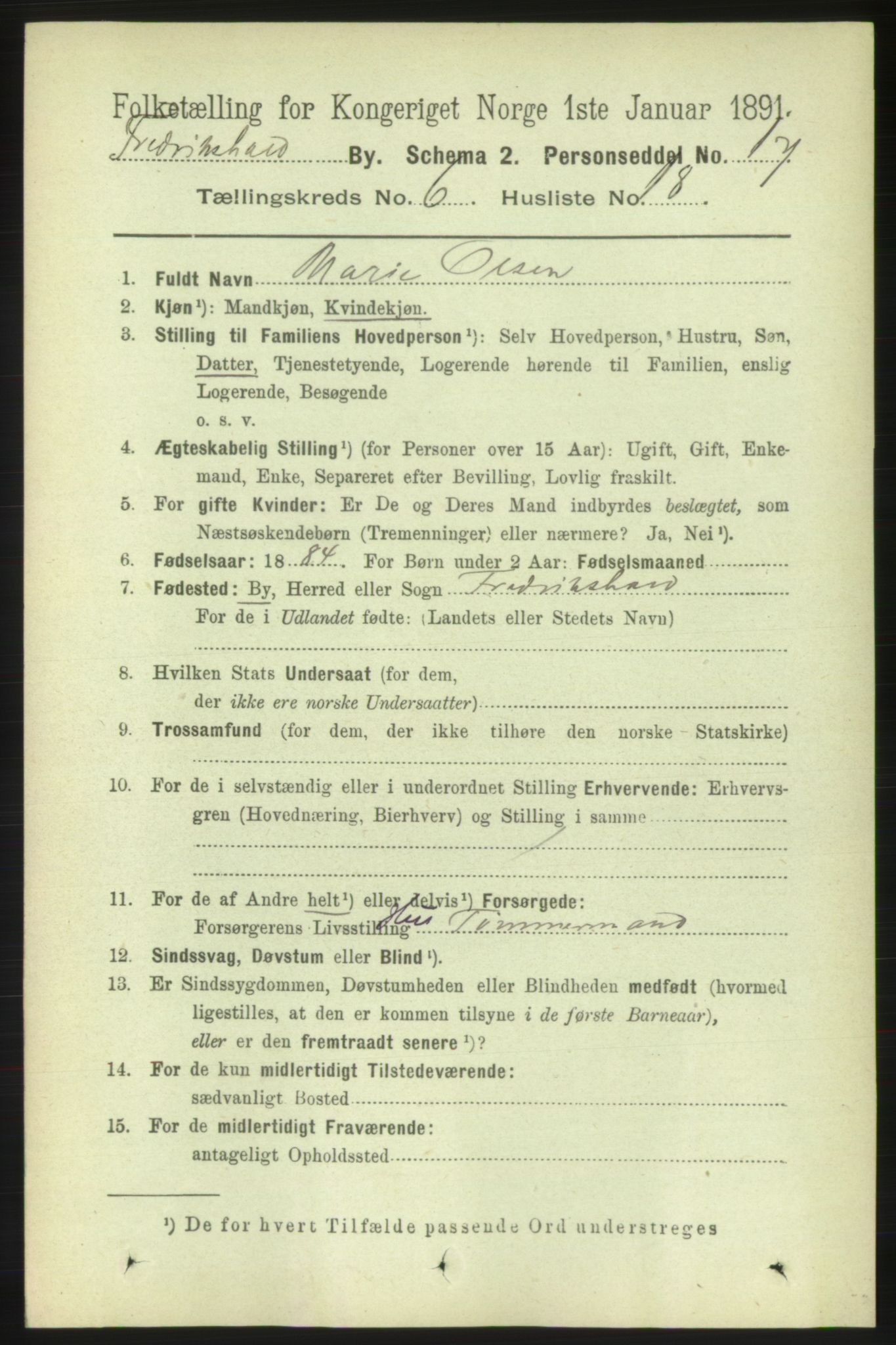 RA, 1891 census for 0101 Fredrikshald, 1891, p. 4806